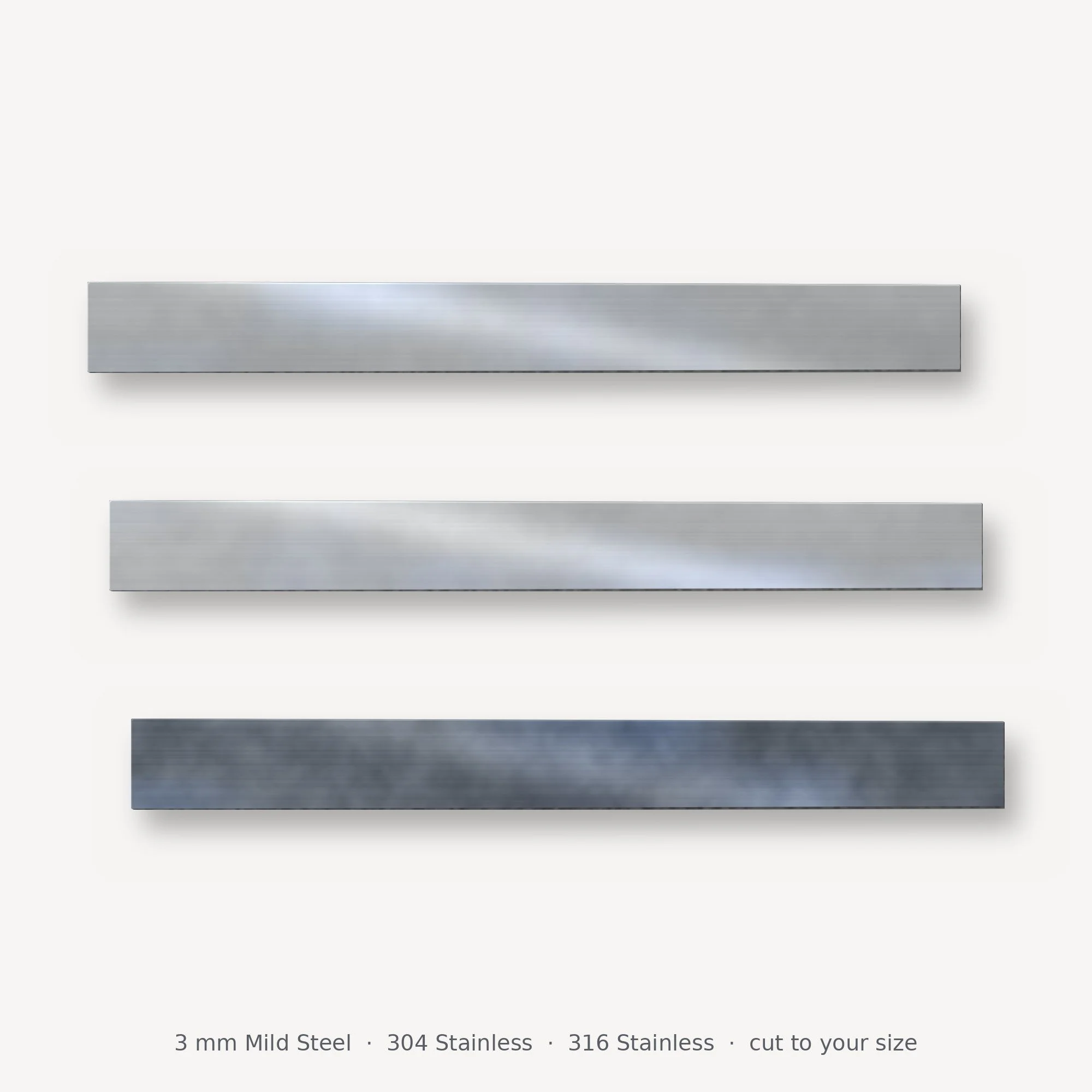 3 mm mild steel, 304 and 316 stainless flat strip cut to length