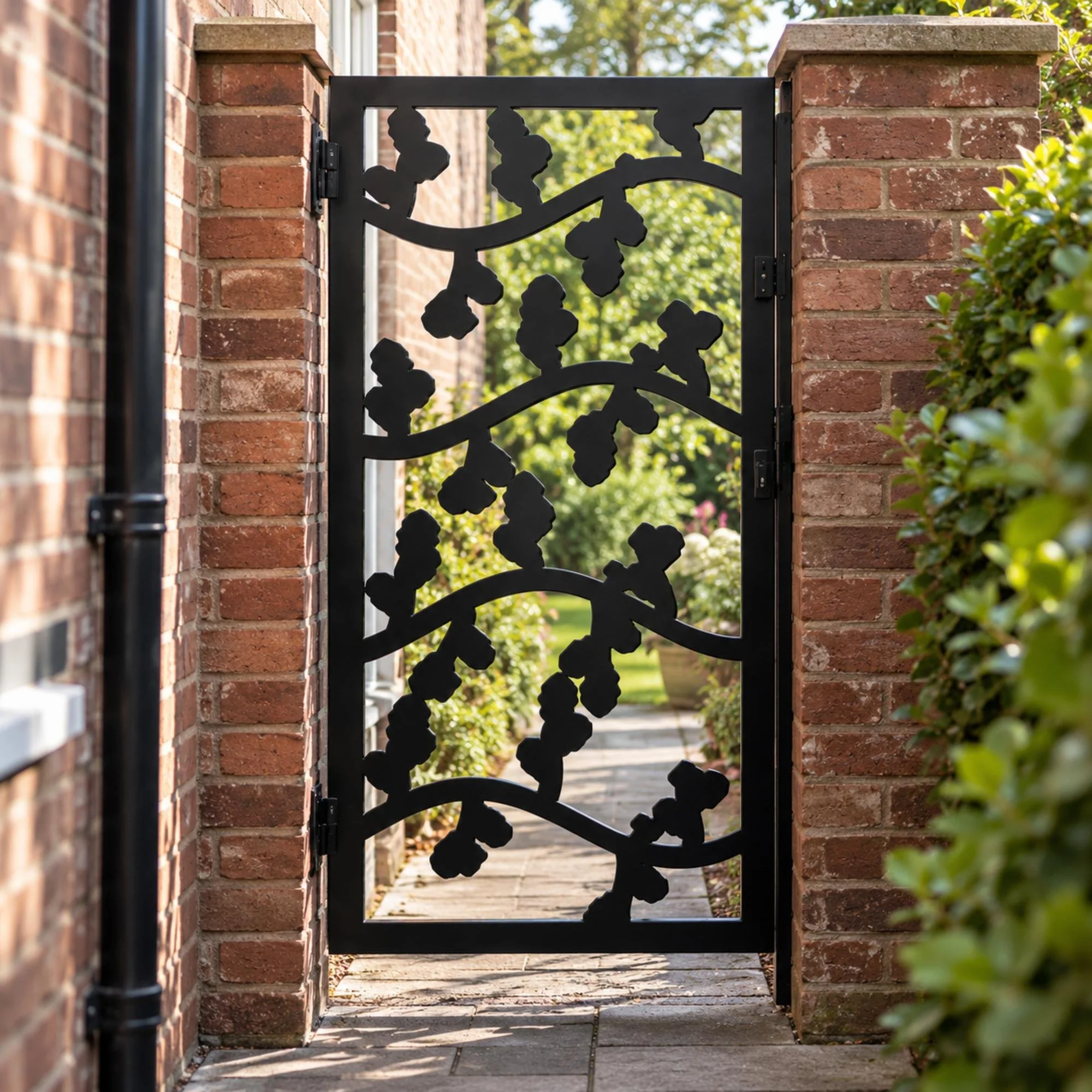 Hawthorn Metal Side Gate in satin black, hung between brick pillars in the side passage of a 1930s semi-detached house, with a glimpse of a green back garden beyond, soft daylight