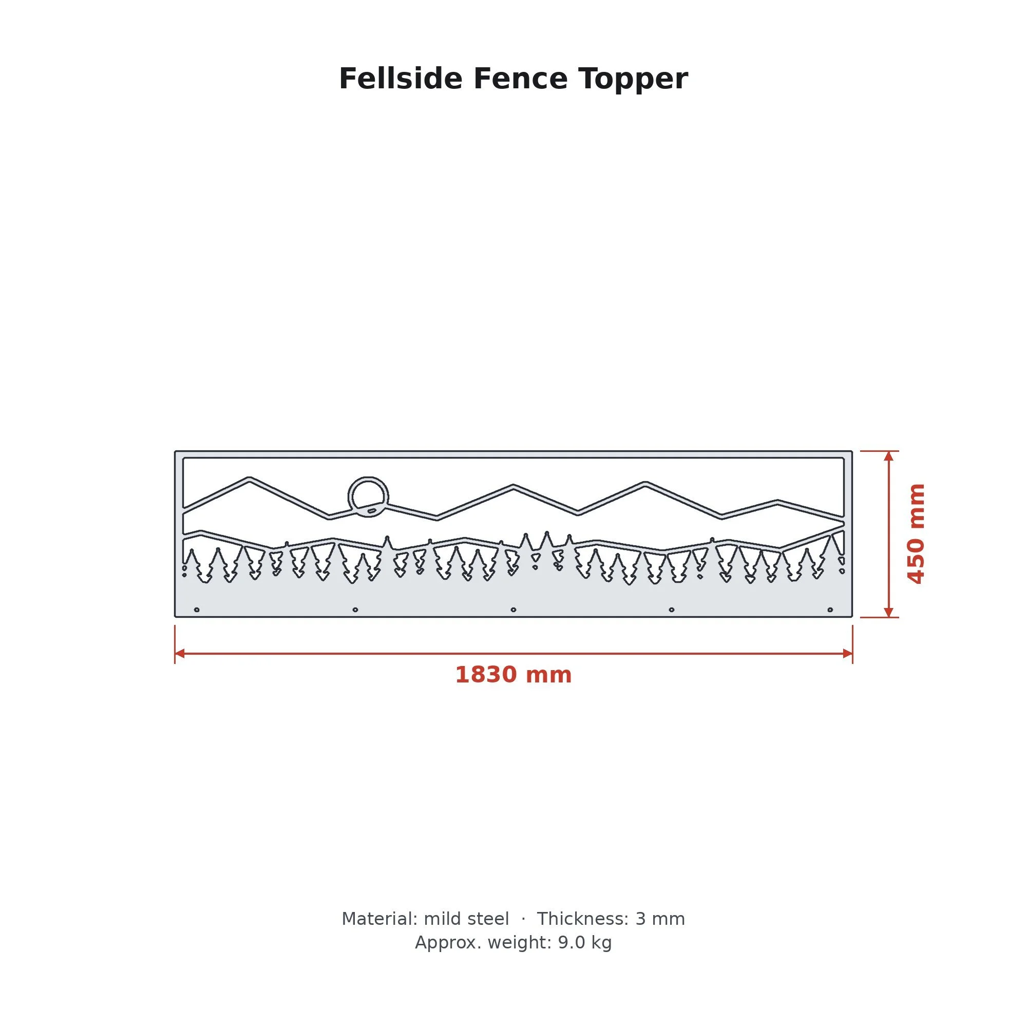 Dimension drawing of the Fellside Fence Topper with sizes in millimetres