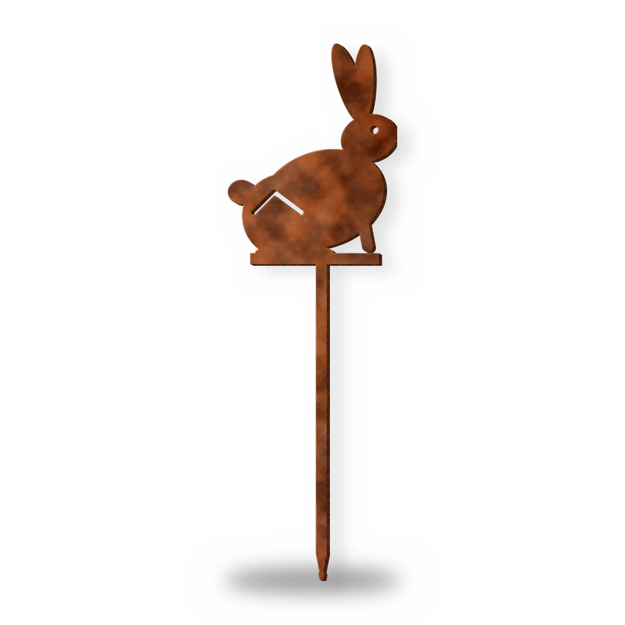 Hare Metal Garden Stake in rust patina – plasma-cut 3 mm steel, studio photo on white