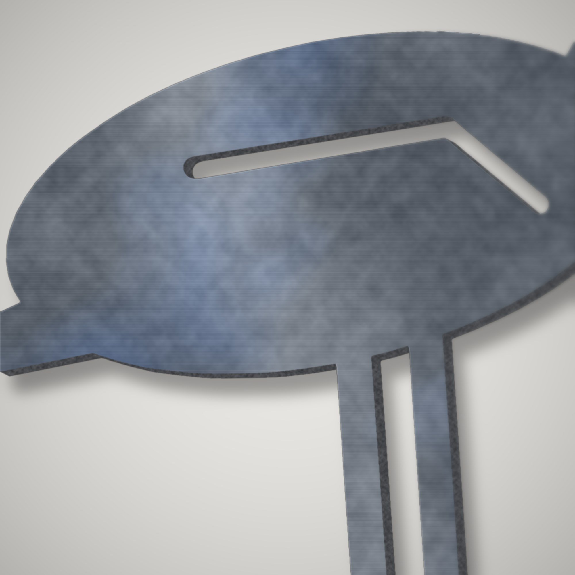 Close-up of the heron's bill plasma-cut in 3 mm steel showing the cut edge