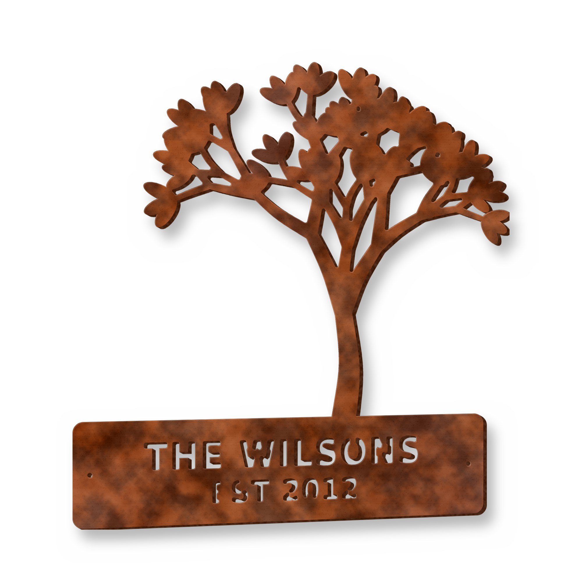 Personalised Family Name Tree in rust patina – plasma-cut 3 mm steel, studio photo on white