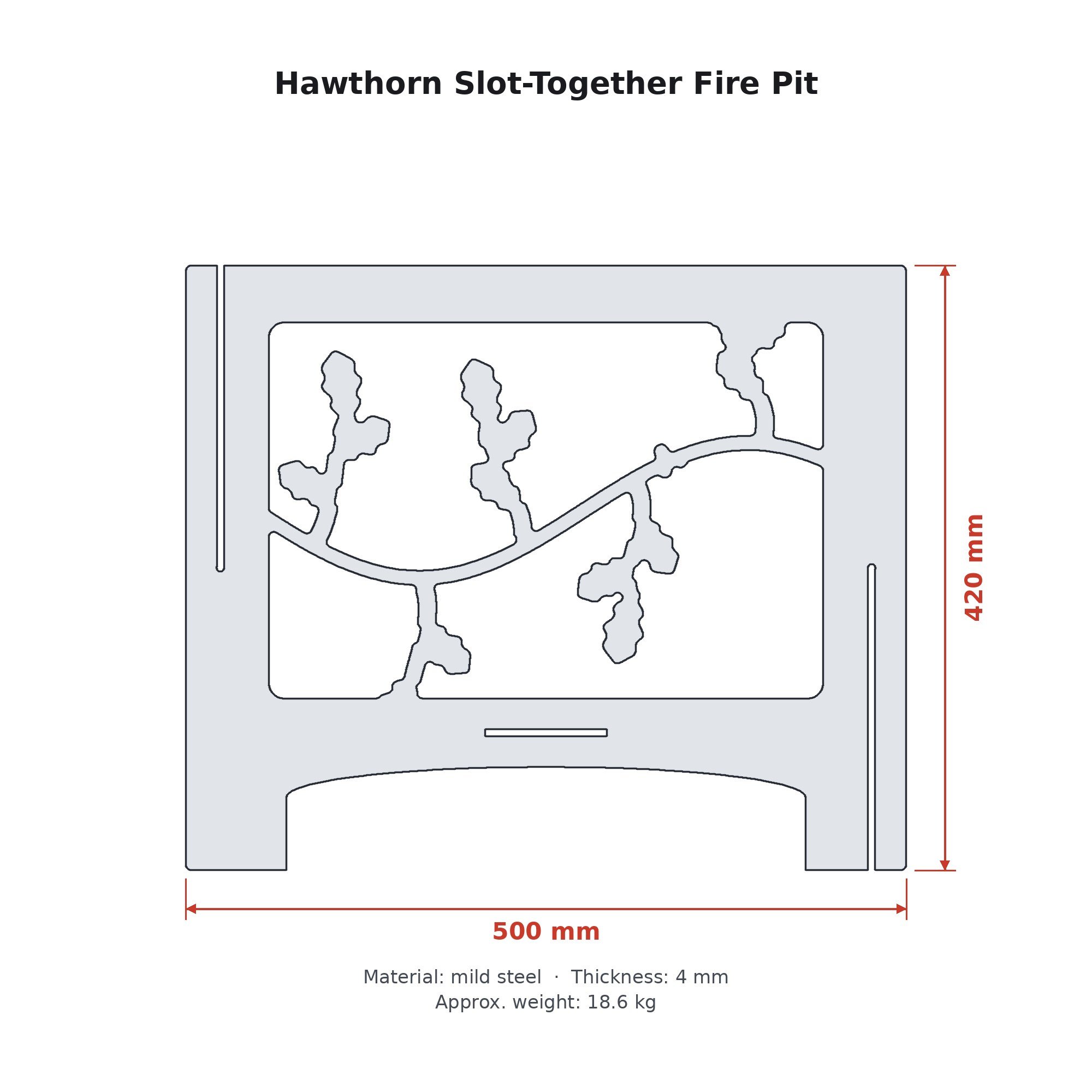 Dimension drawing of the Hawthorn Slot-Together Fire Pit with sizes in millimetres