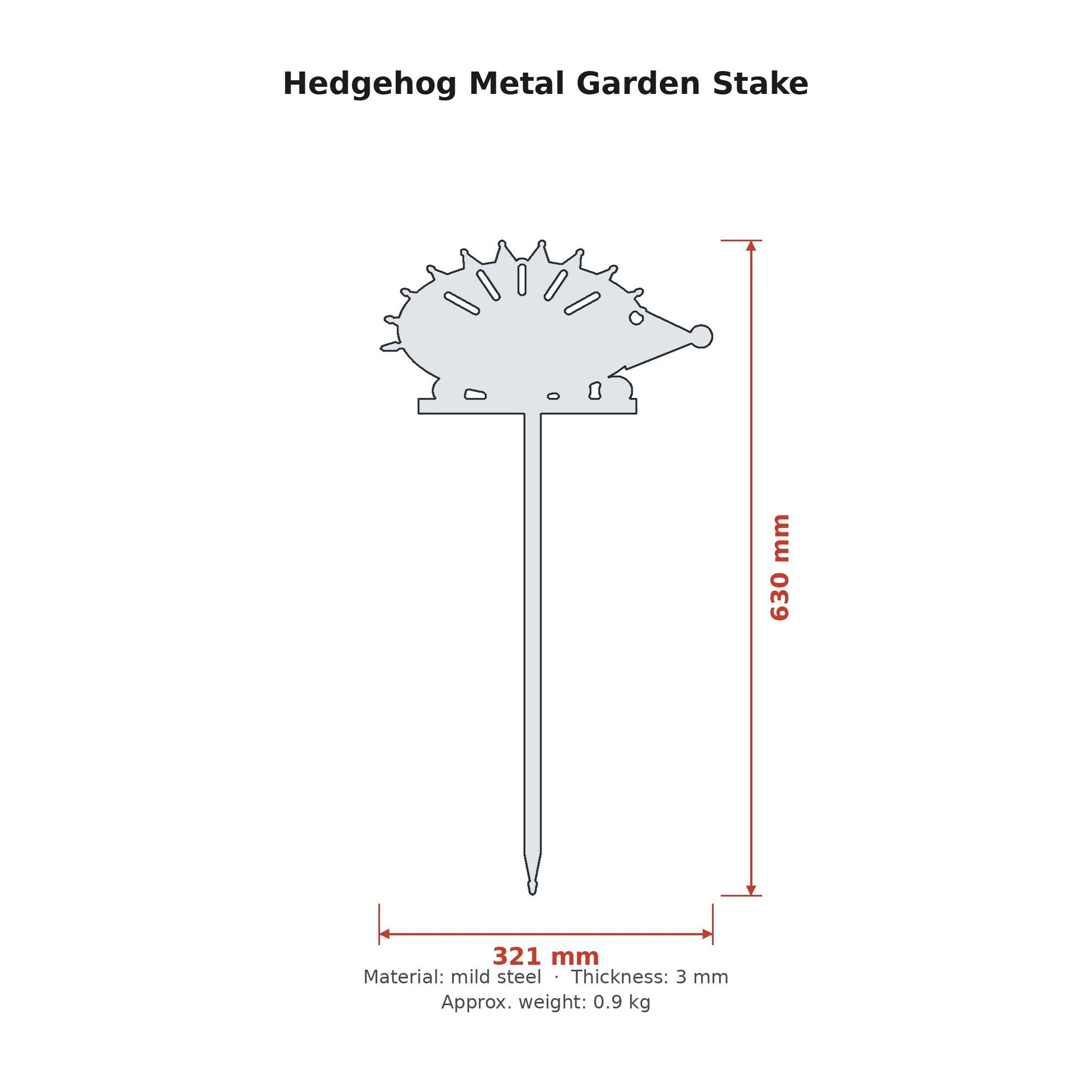 Dimension drawing of the Hedgehog Metal Garden Stake with sizes in millimetres