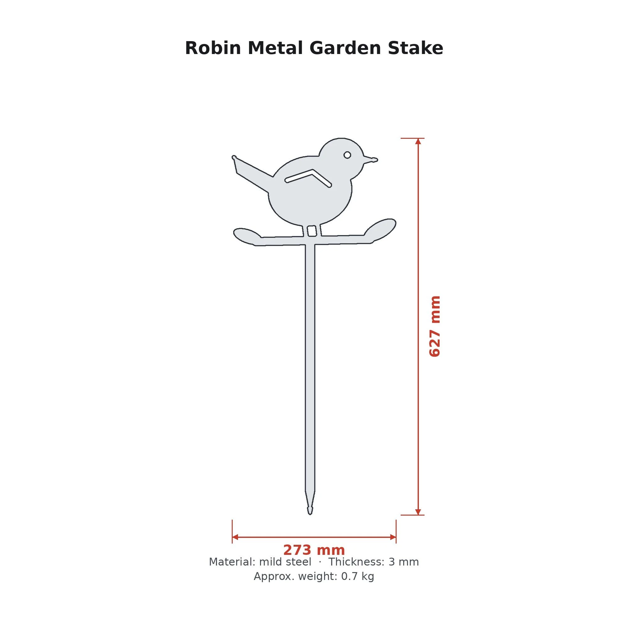 Close-up of the robin's tail and twig plasma-cut in 3 mm steel showing the cut edge