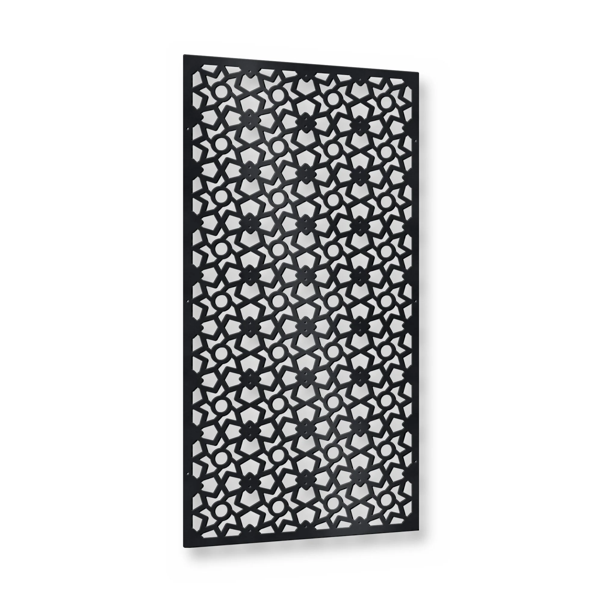 Zellige Privacy Screen Panel in satin black – plasma-cut 3 mm steel, studio photo on white