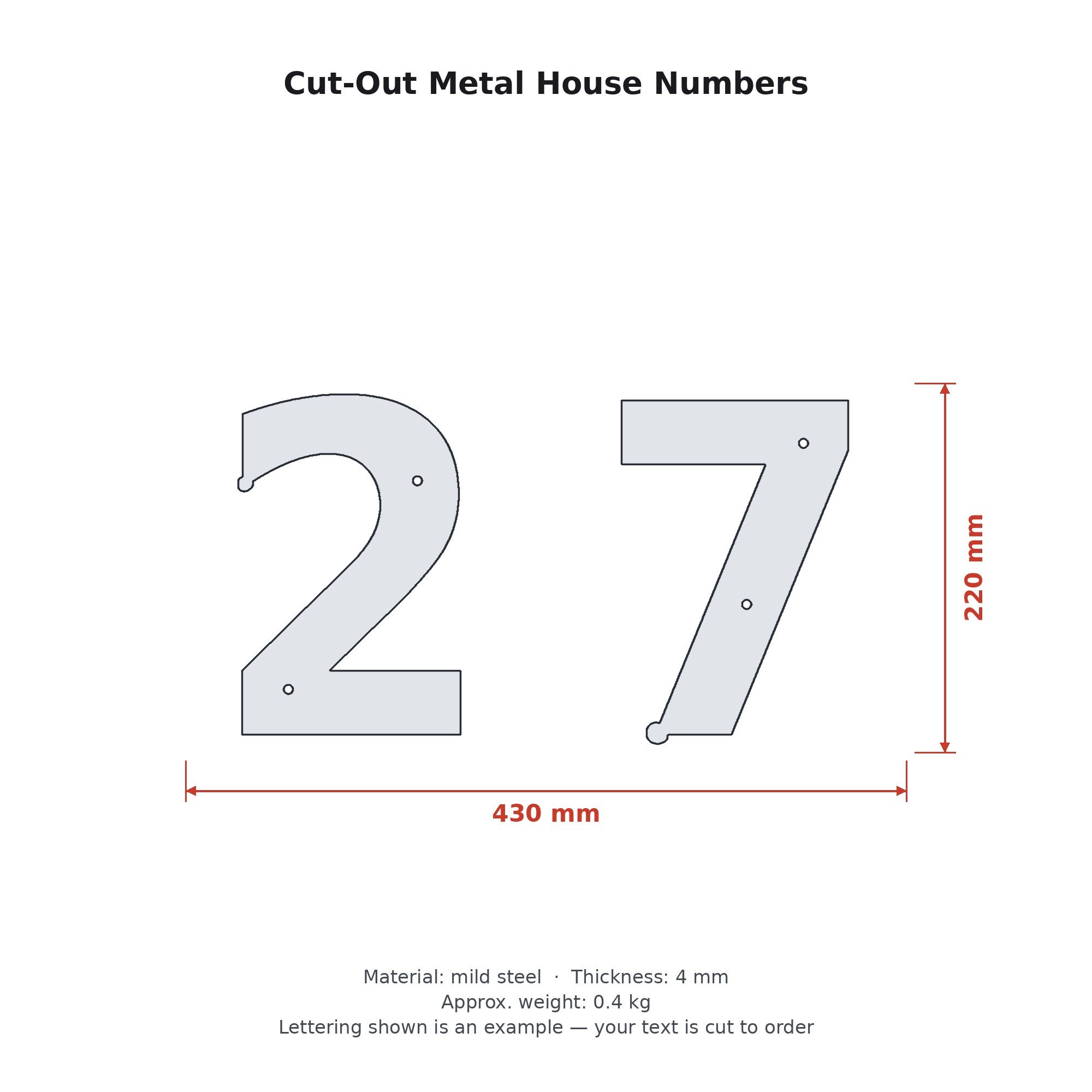 Dimension drawing of the Cut-Out Metal House Numbers with sizes in millimetres