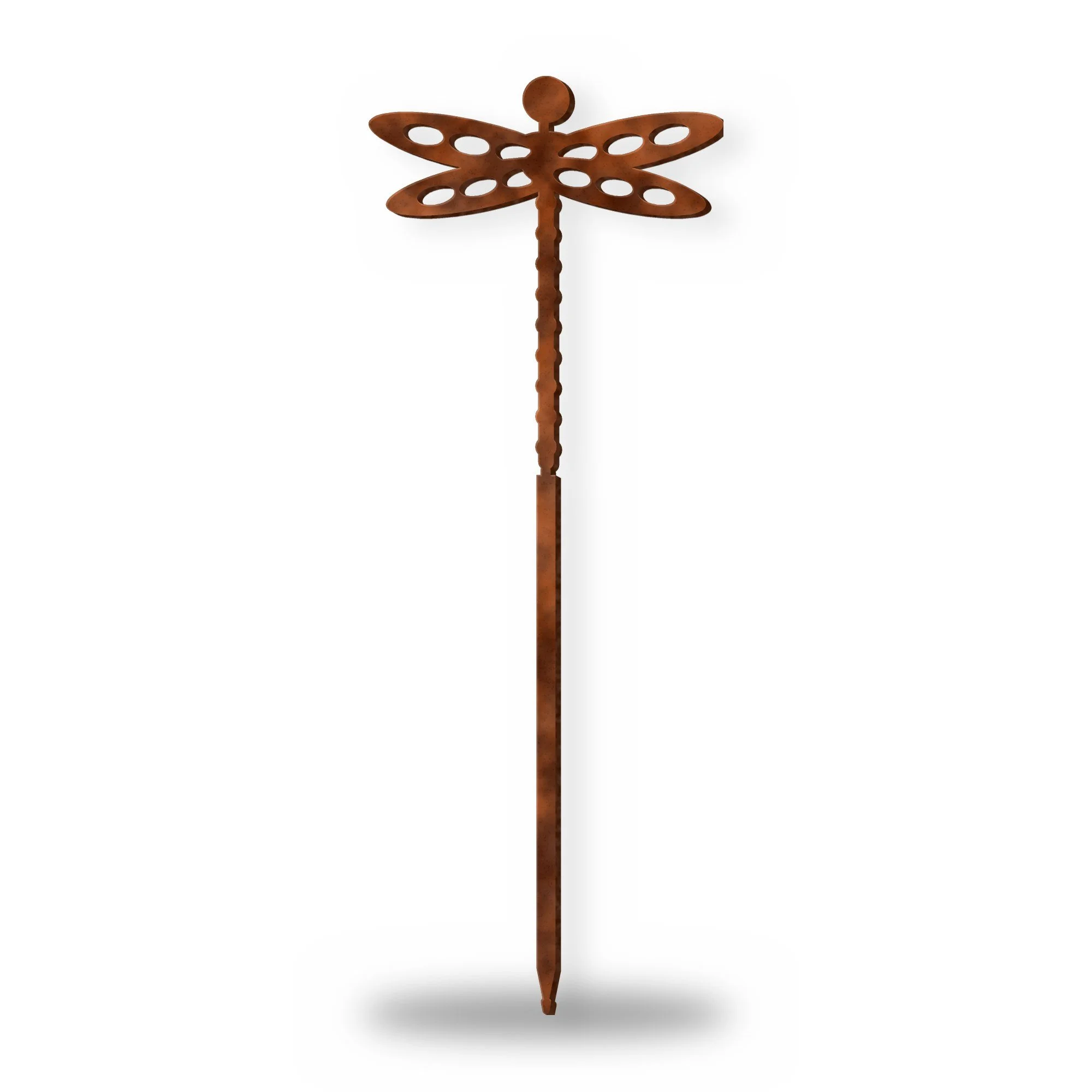 Dragonfly Metal Garden Stake in rust patina – plasma-cut 3 mm steel, studio photo on white