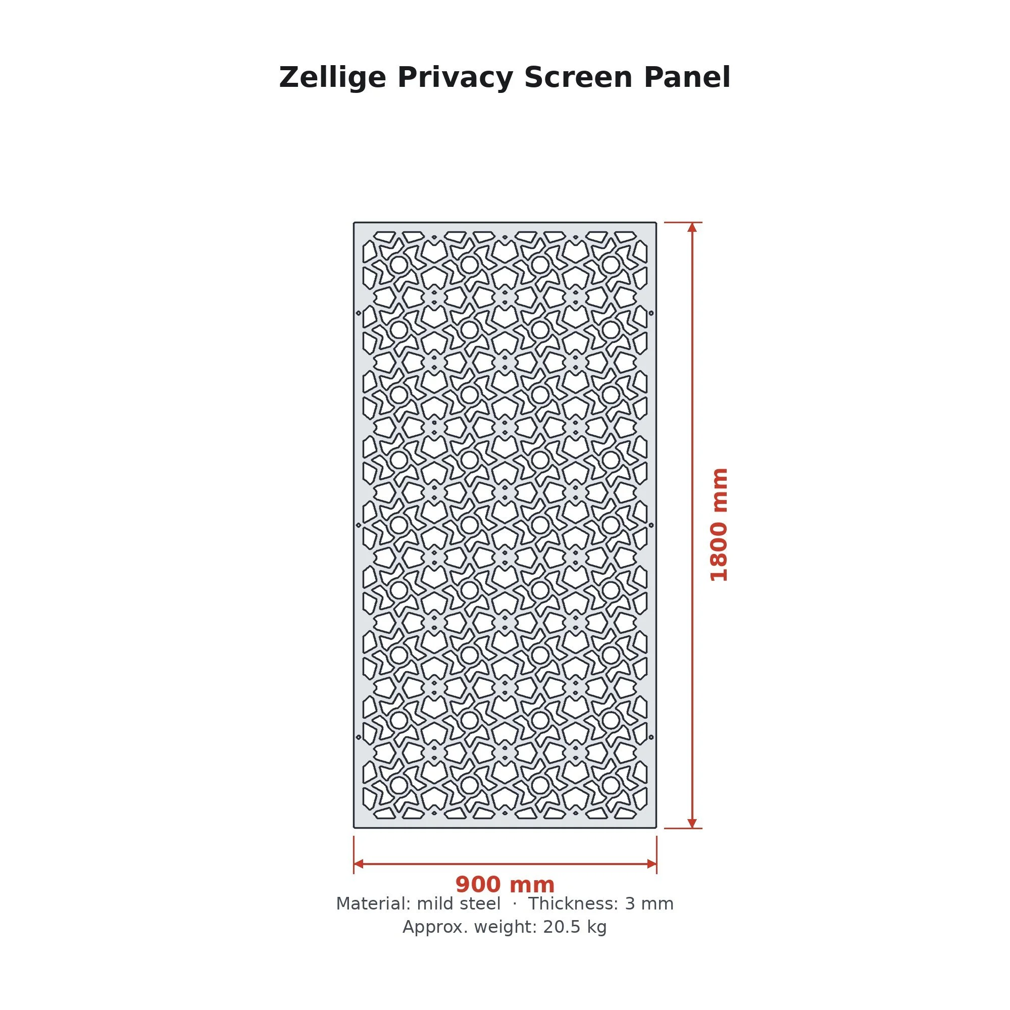 Dimension drawing of the Zellige Privacy Screen Panel with sizes in millimetres