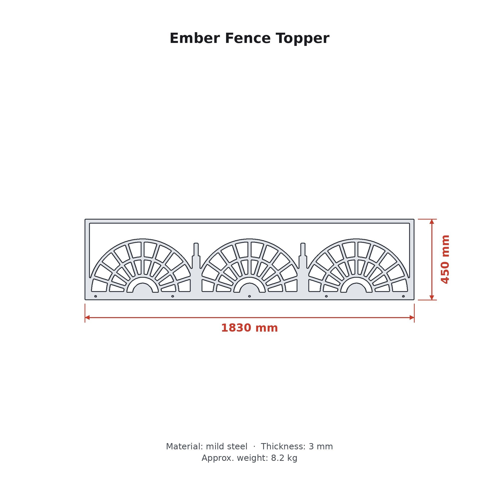 Dimension drawing of the Ember Fence Topper with sizes in millimetres