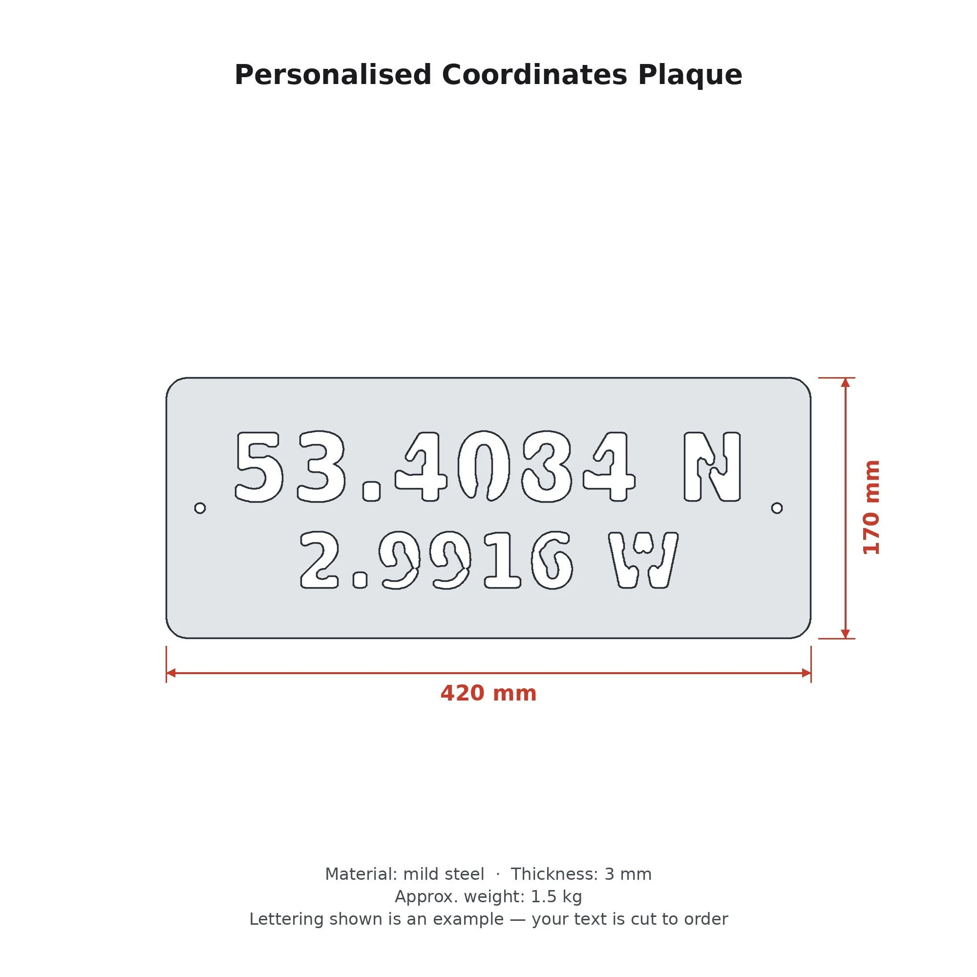 Dimension drawing of the Personalised Coordinates Plaque with sizes in millimetres