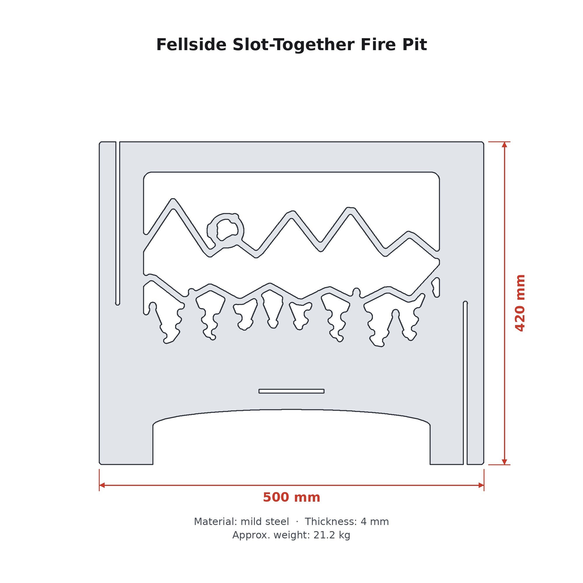 Dimension drawing of the Fellside Slot-Together Fire Pit with sizes in millimetres
