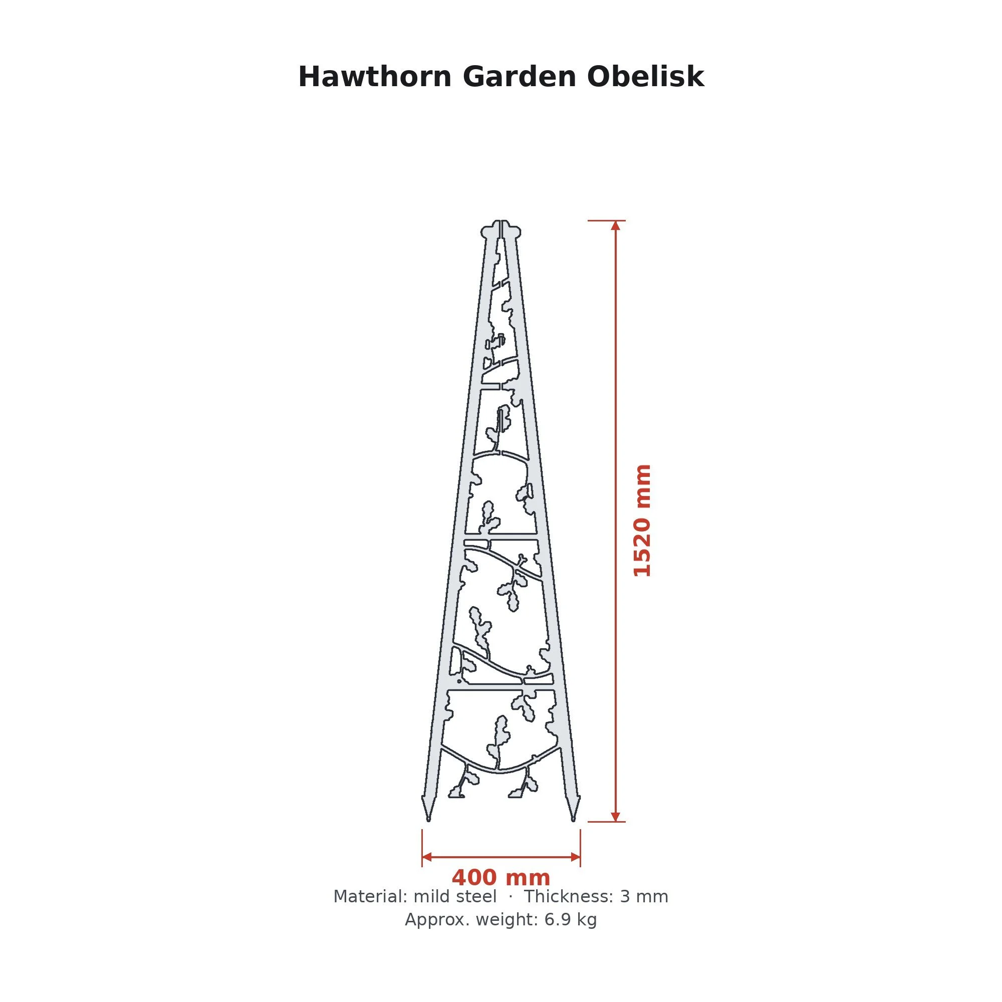 Dimension drawing of the Hawthorn Garden Obelisk with sizes in millimetres