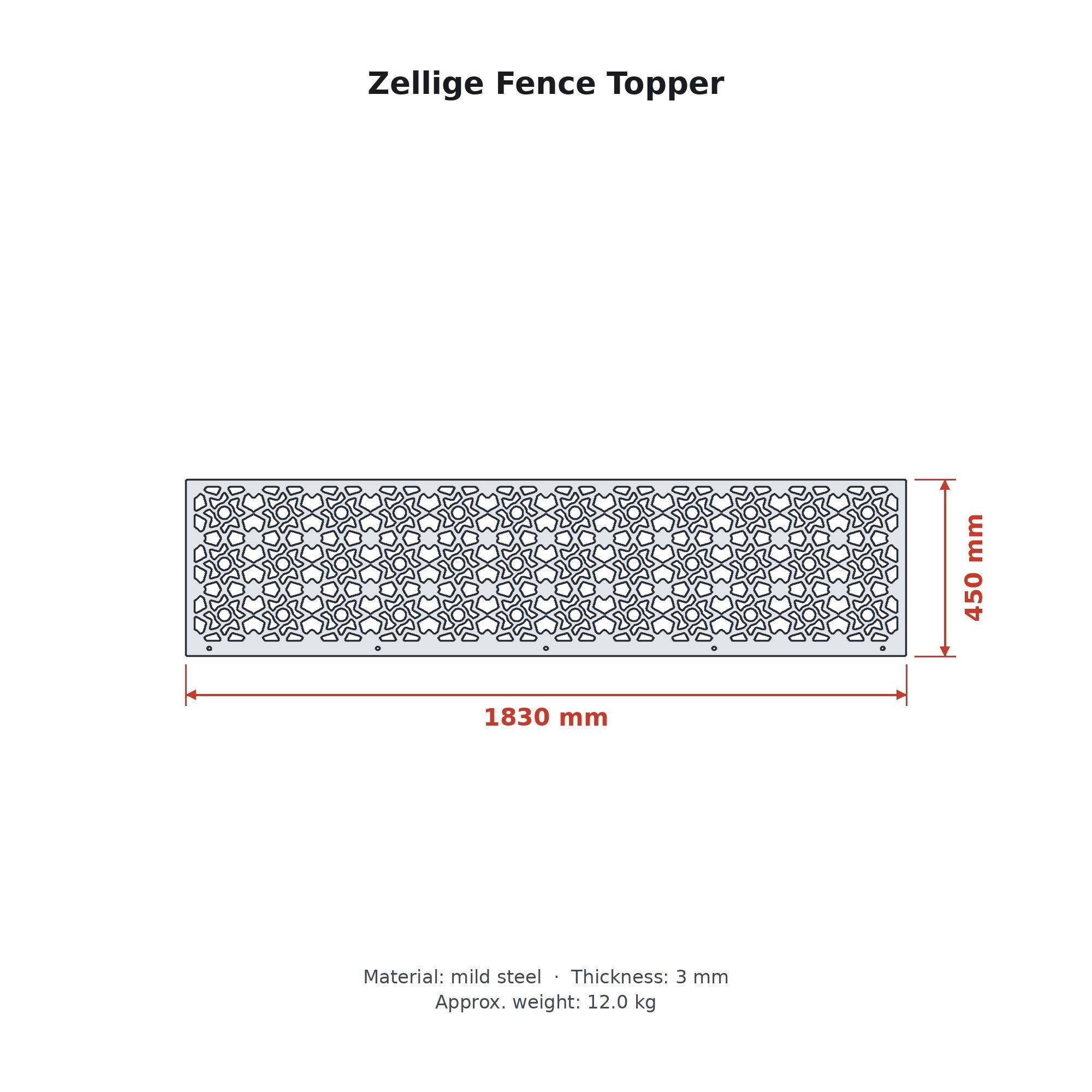 Dimension drawing of the Zellige Fence Topper with sizes in millimetres