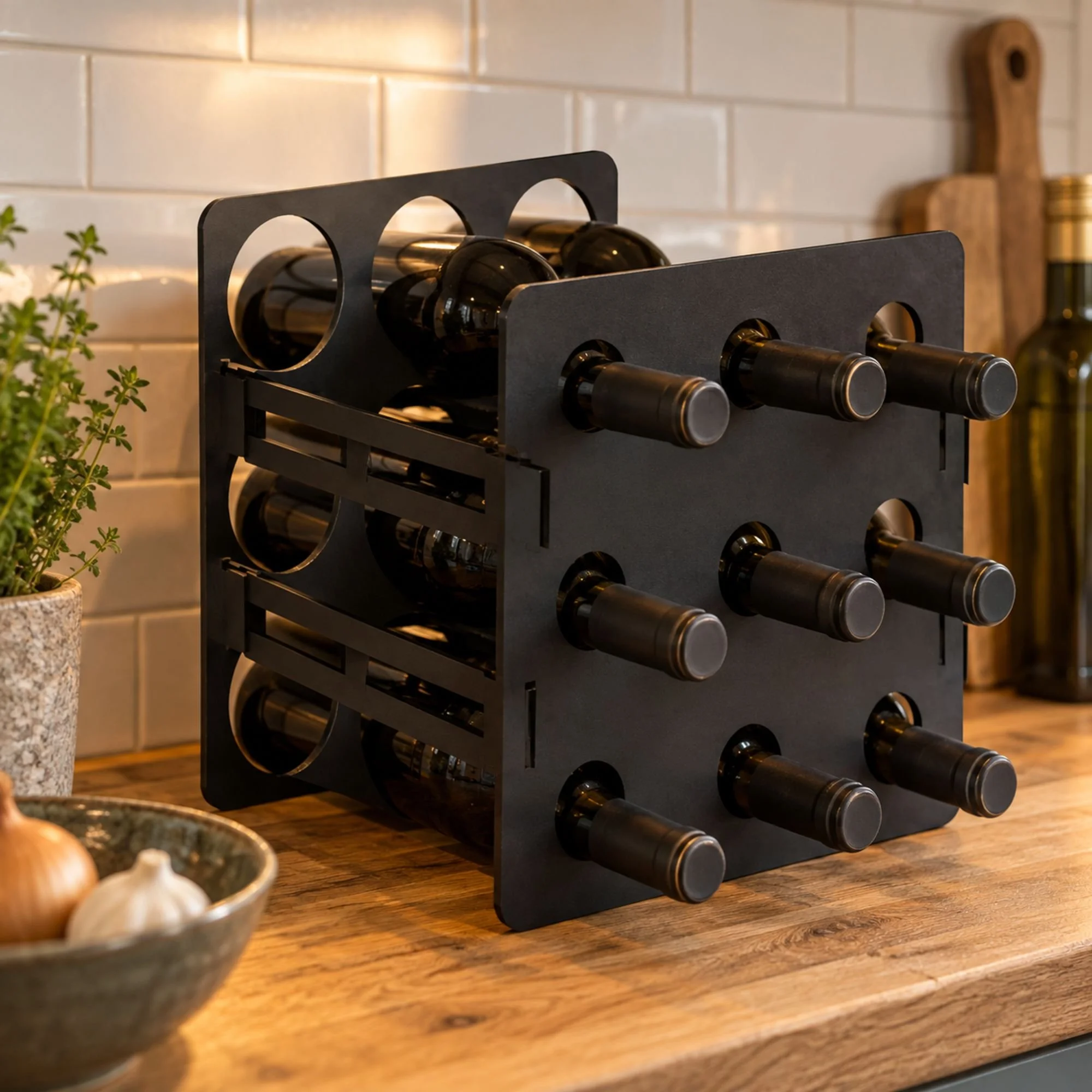 Flat-Pack Steel Wine Rack (9 Bottles) in satin black, standing on an oak kitchen worktop against a white metro-tiled wall in a UK kitchen, filled with nine wine bottles