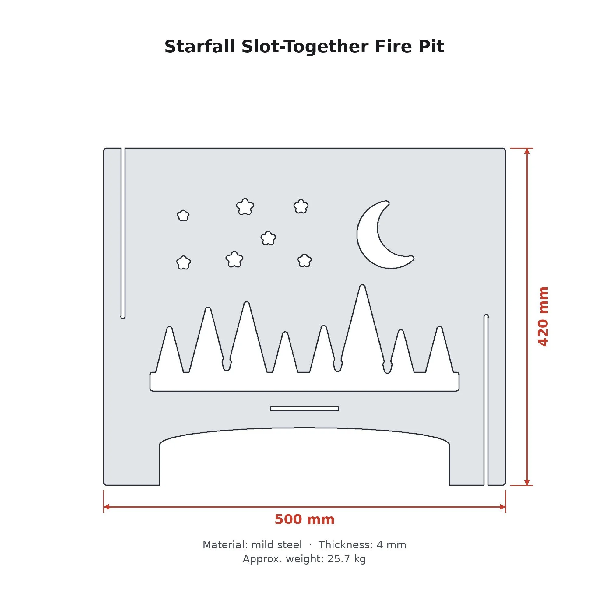 Dimension drawing of the Starfall Slot-Together Fire Pit with sizes in millimetres