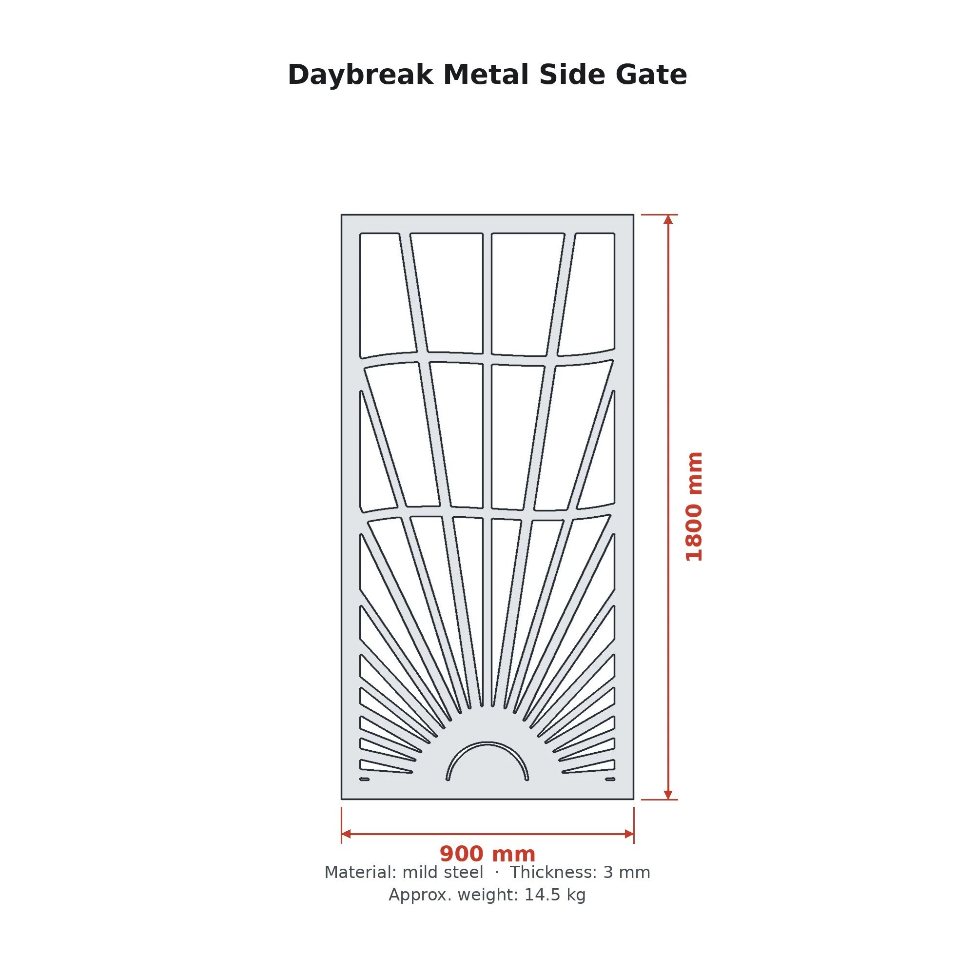 Dimension drawing of the Daybreak Metal Side Gate with sizes in millimetres