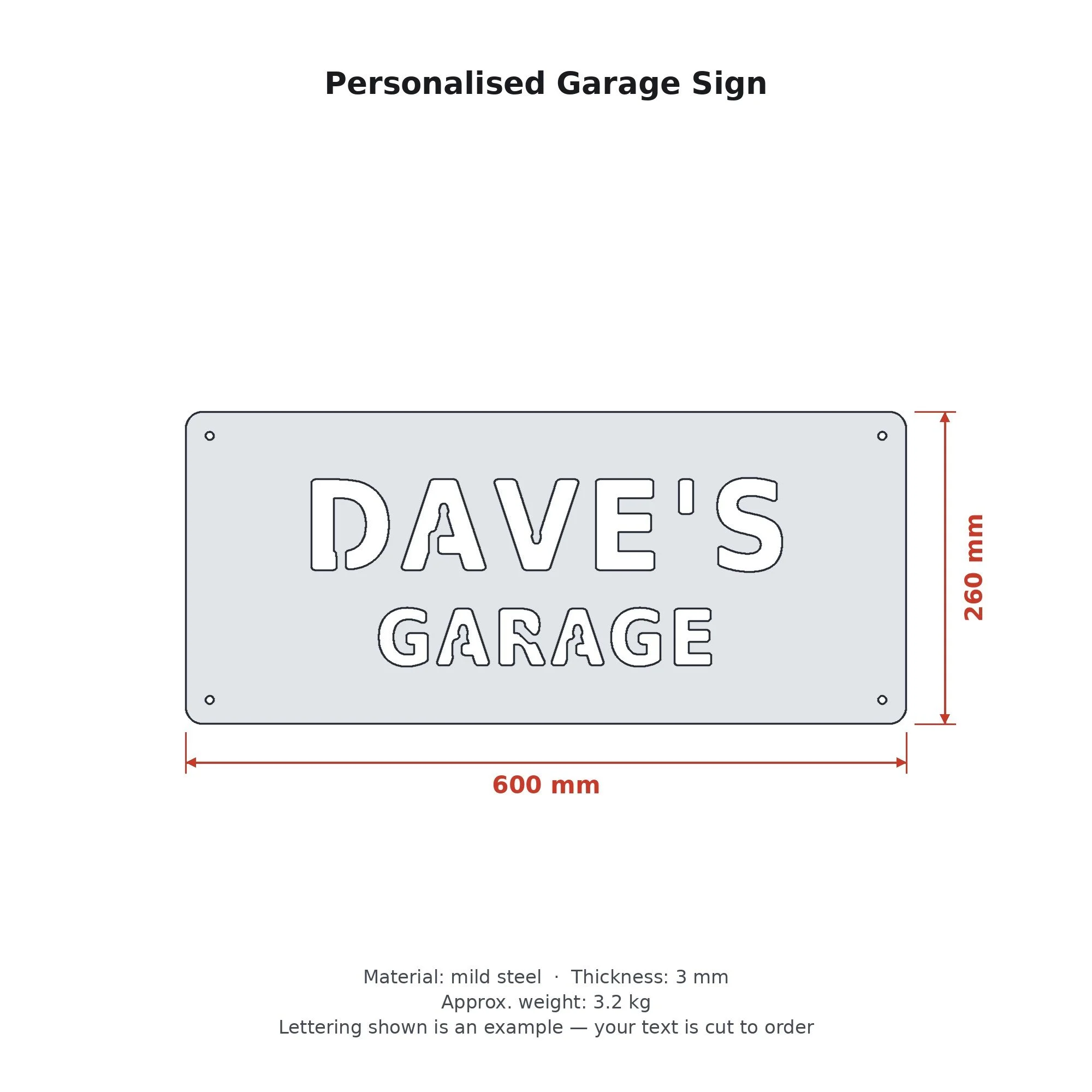 Dimension drawing of the Personalised Garage Sign with sizes in millimetres