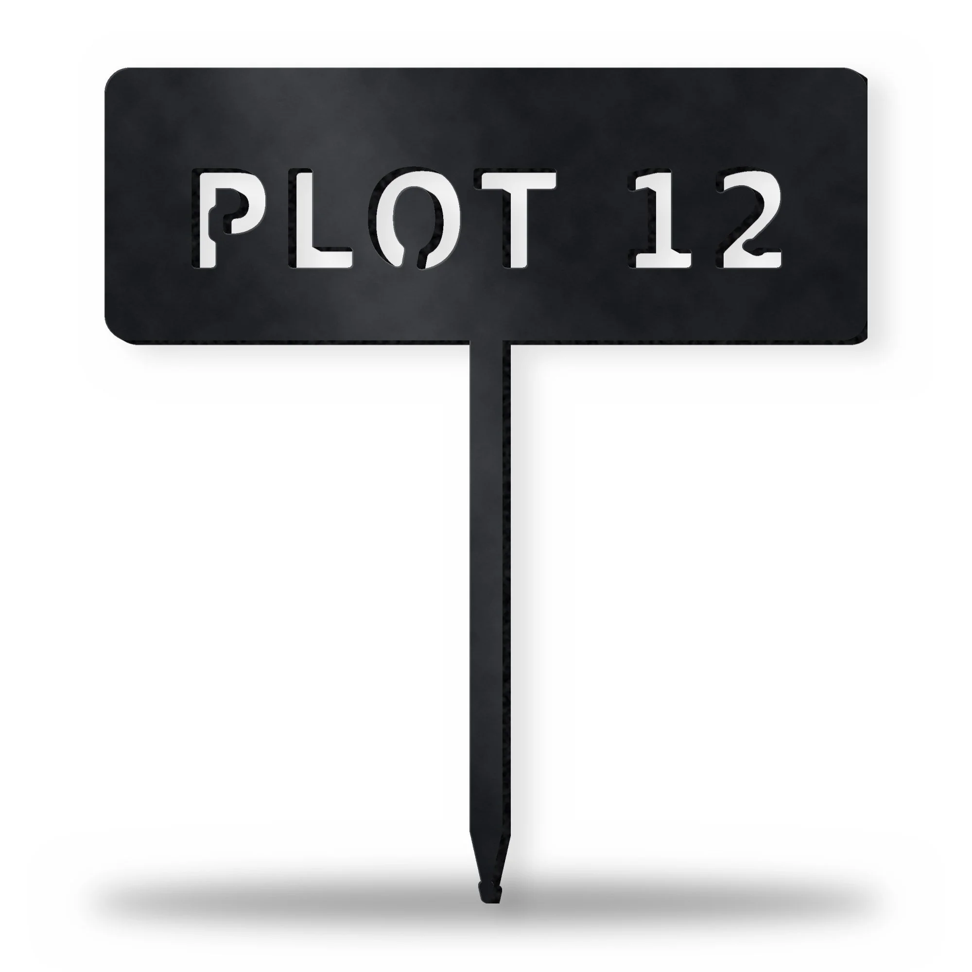 Example of the Personalised Garden Name Stake reading PLOT 12