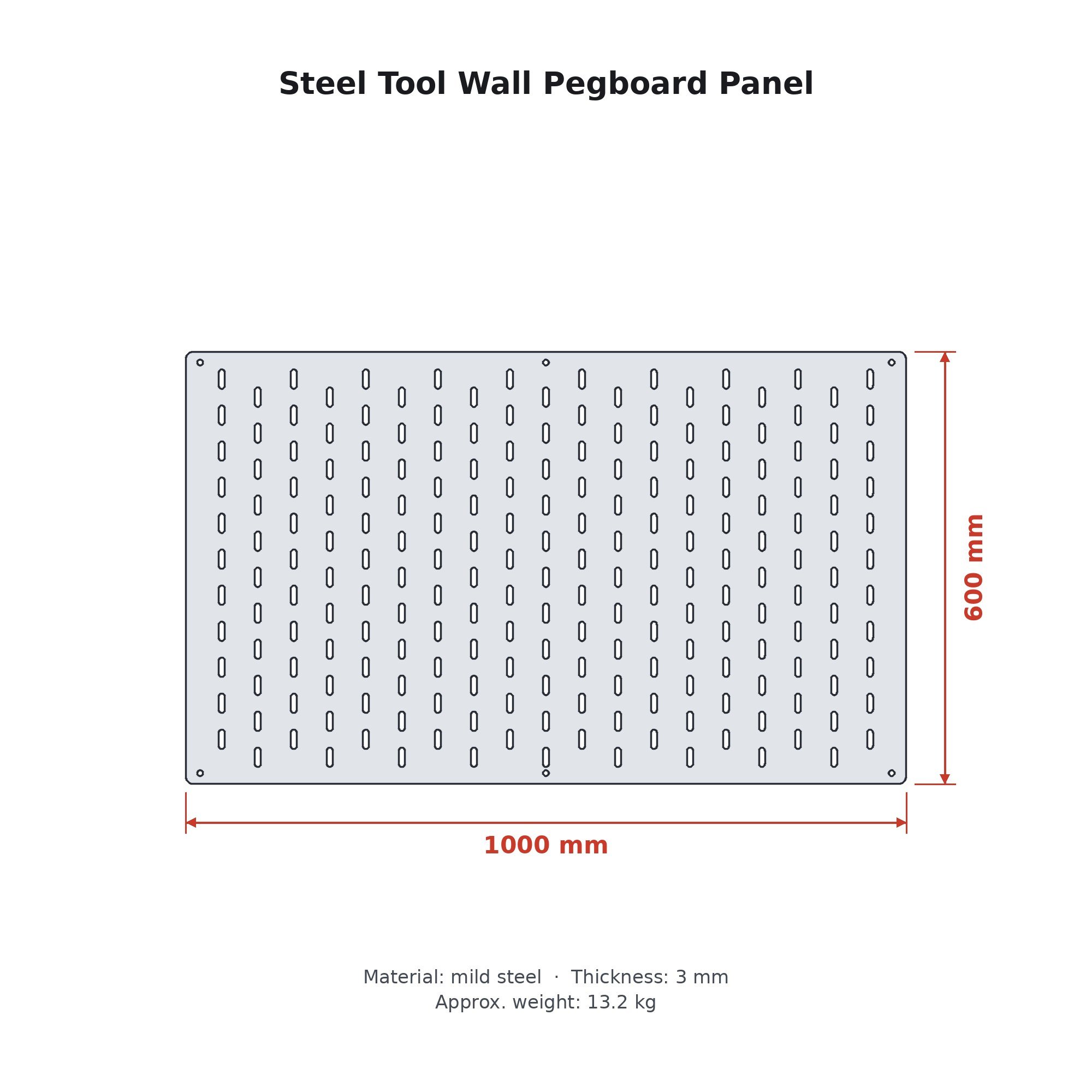 Dimension drawing of the Steel Tool Wall Pegboard Panel with sizes in millimetres