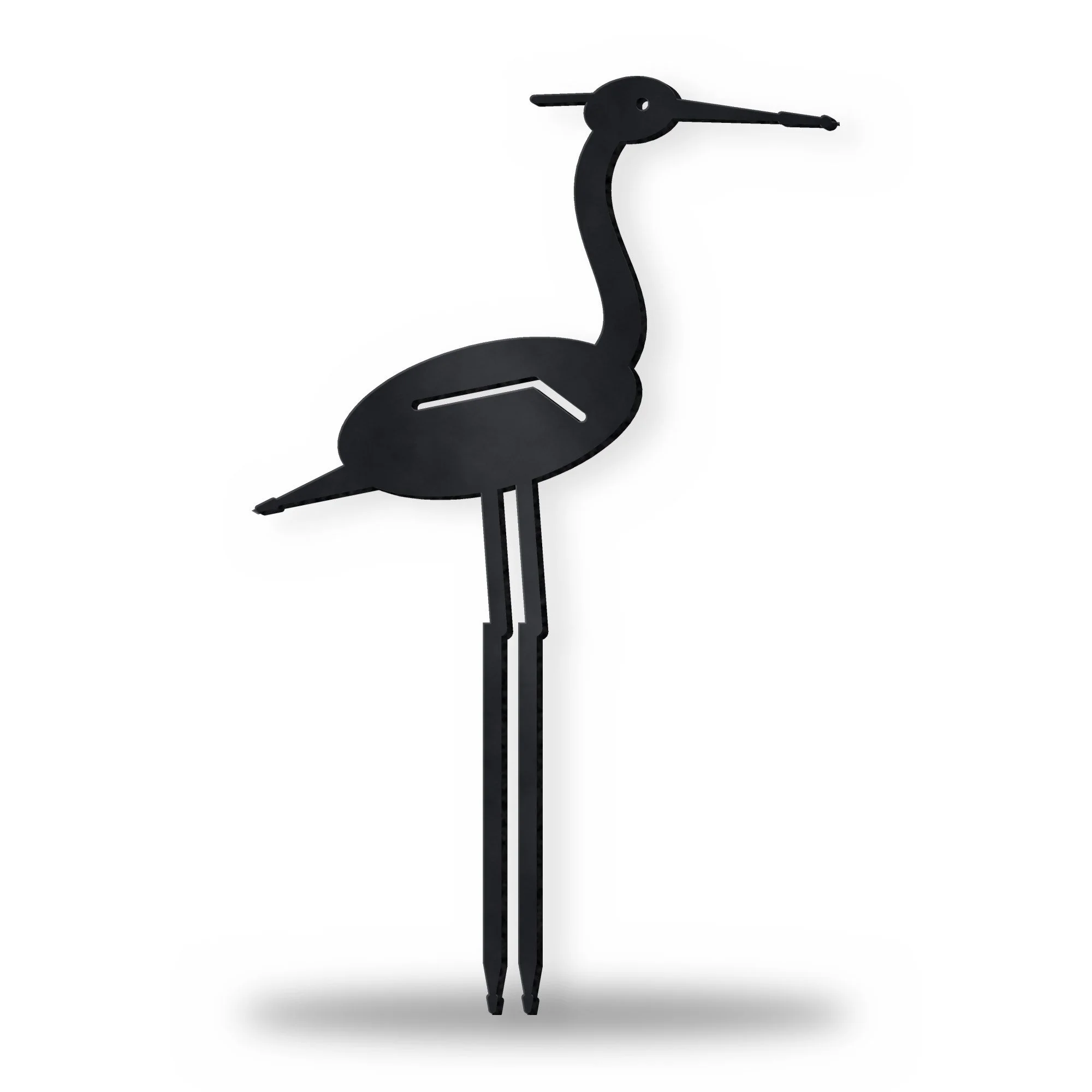 Heron Metal Garden Stake in satin black – plasma-cut 3 mm steel, studio photo on white