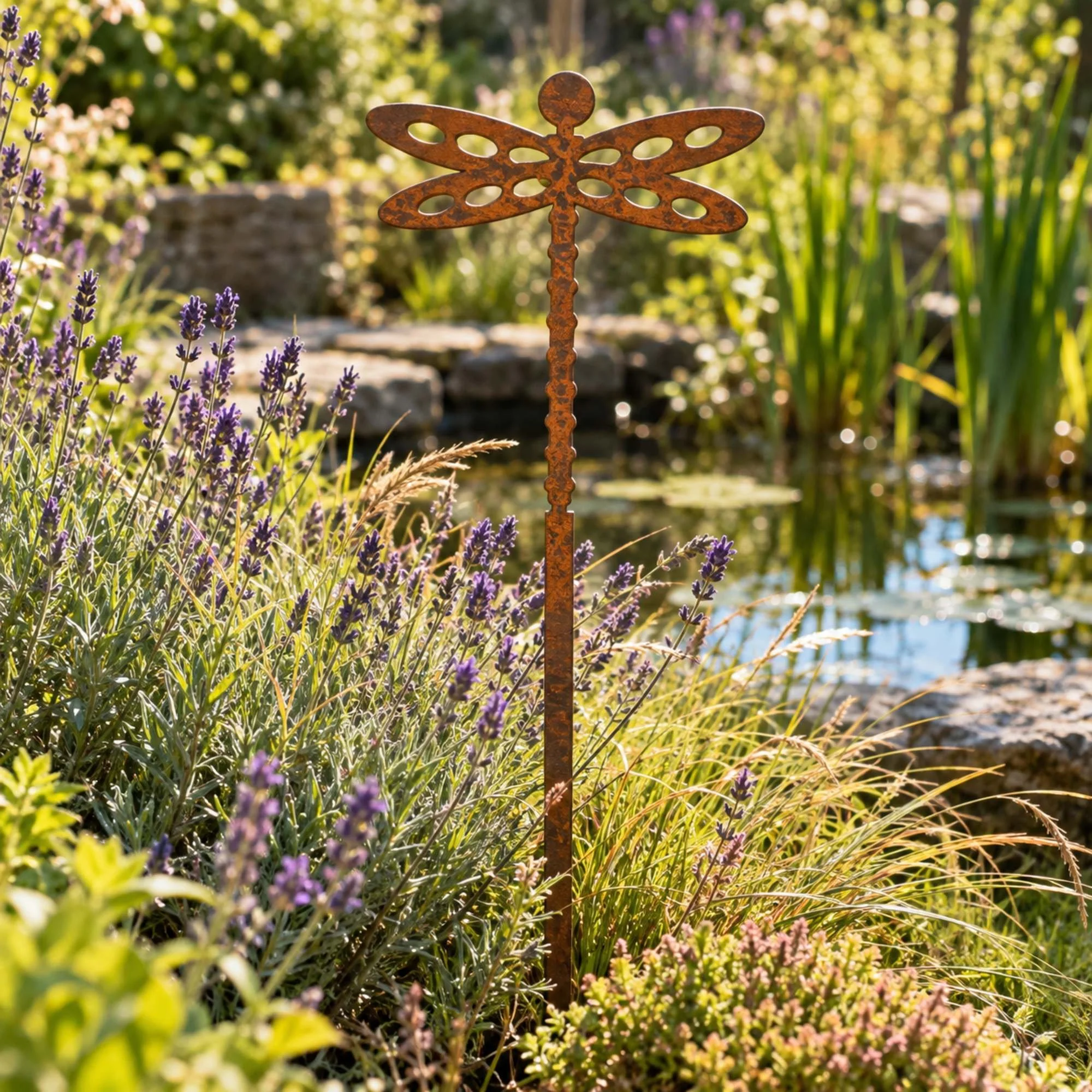 Dragonfly Metal Garden Stake in weathered raw steel, a 800 mm tall steel dragonfly stake rising from lavender and low grasses near a small garden pond on a sunny summer afternoon