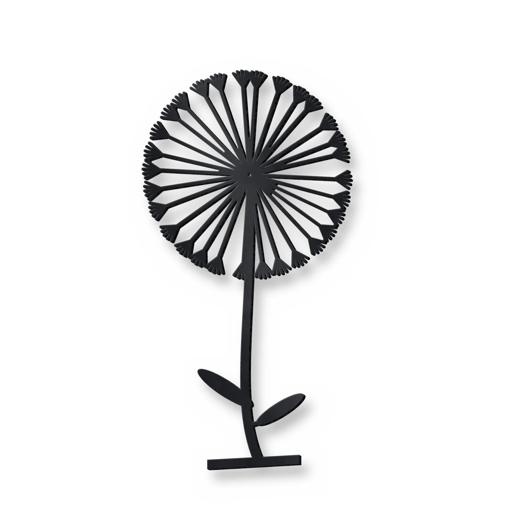 Dandelion Clock Metal Wall Art in satin black – plasma-cut 3 mm steel, studio photo on white