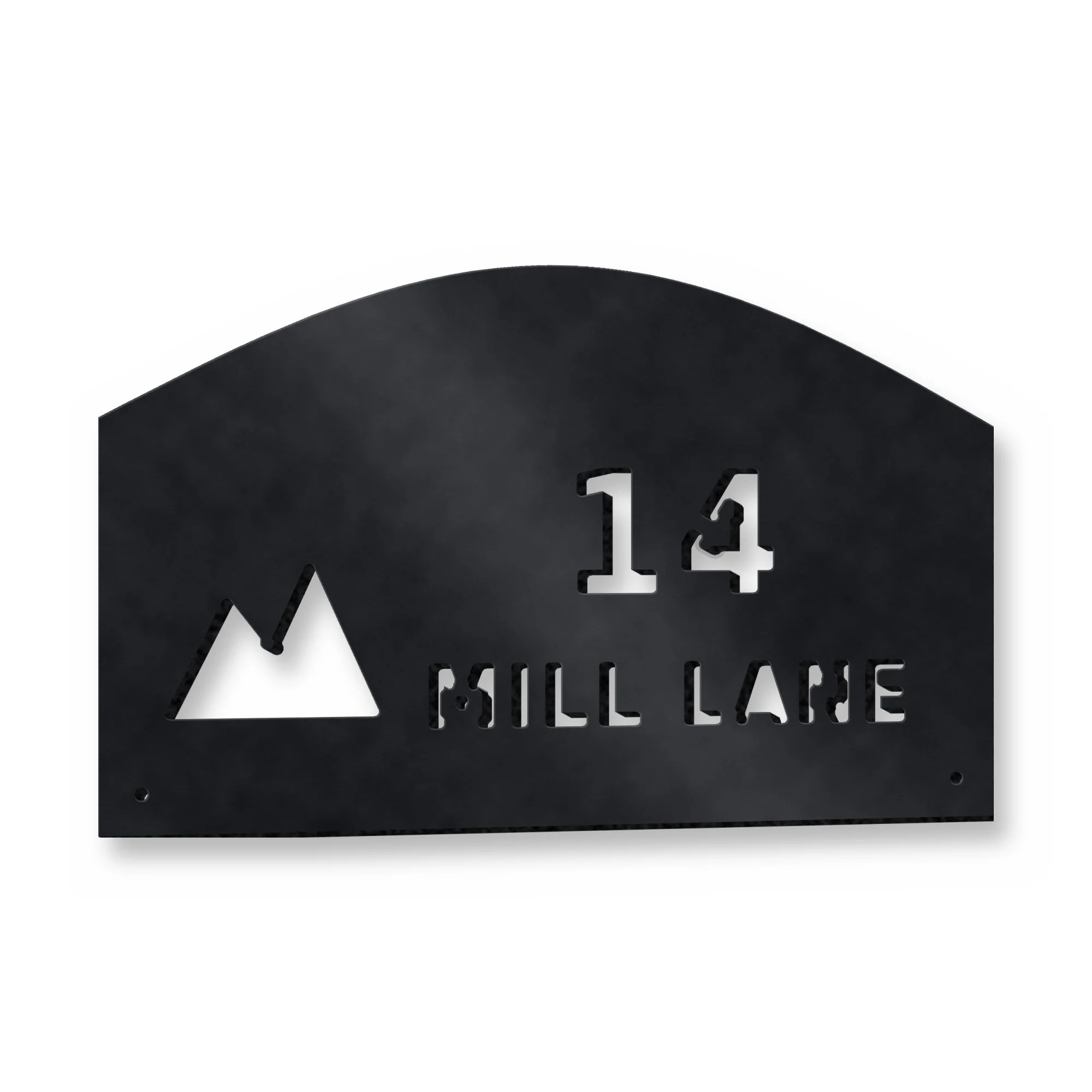 Personalised Address Plaque with Motif in satin black – plasma-cut 3 mm steel, studio photo on white