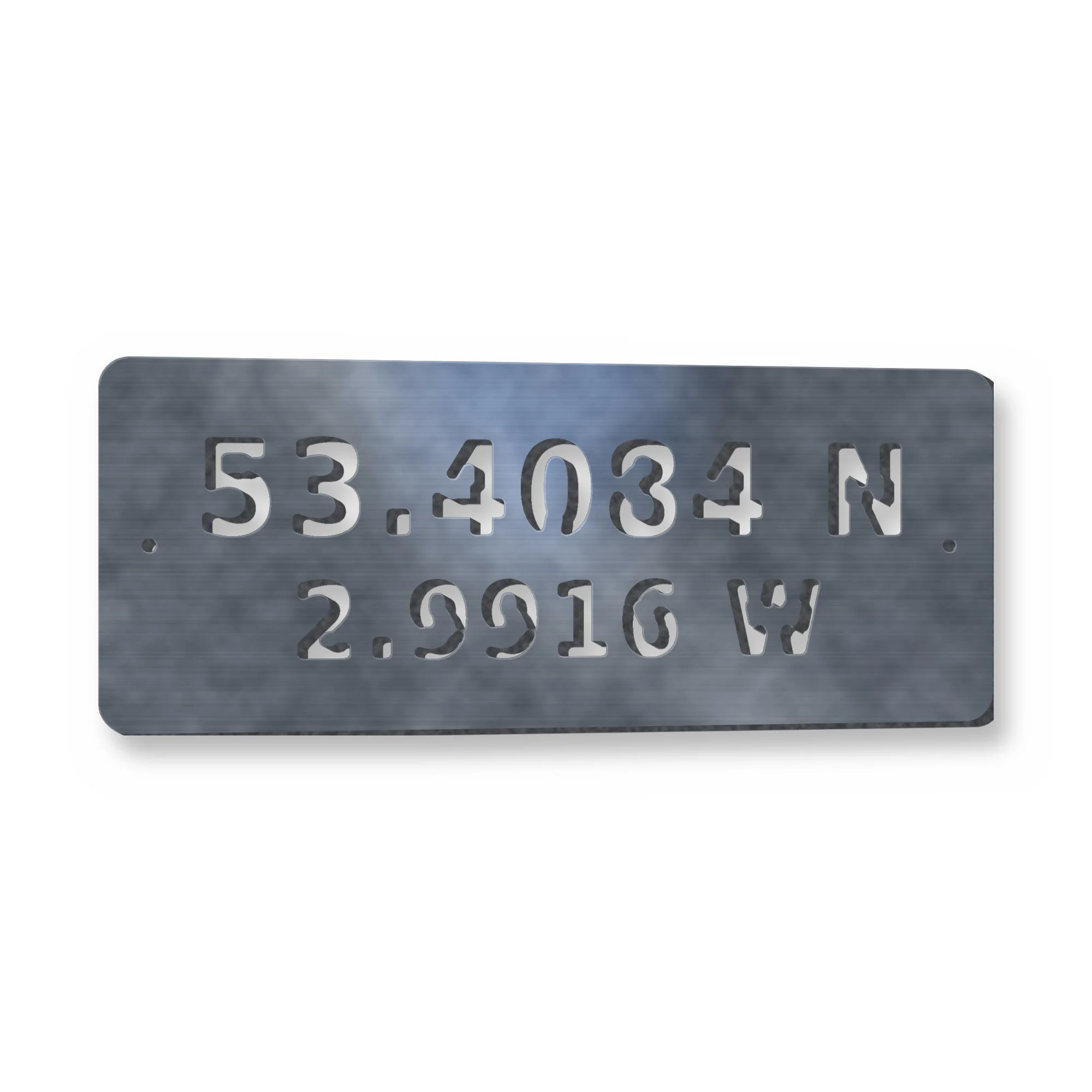 Personalised Coordinates Plaque in raw mild steel – plasma-cut 3 mm steel, studio photo on white