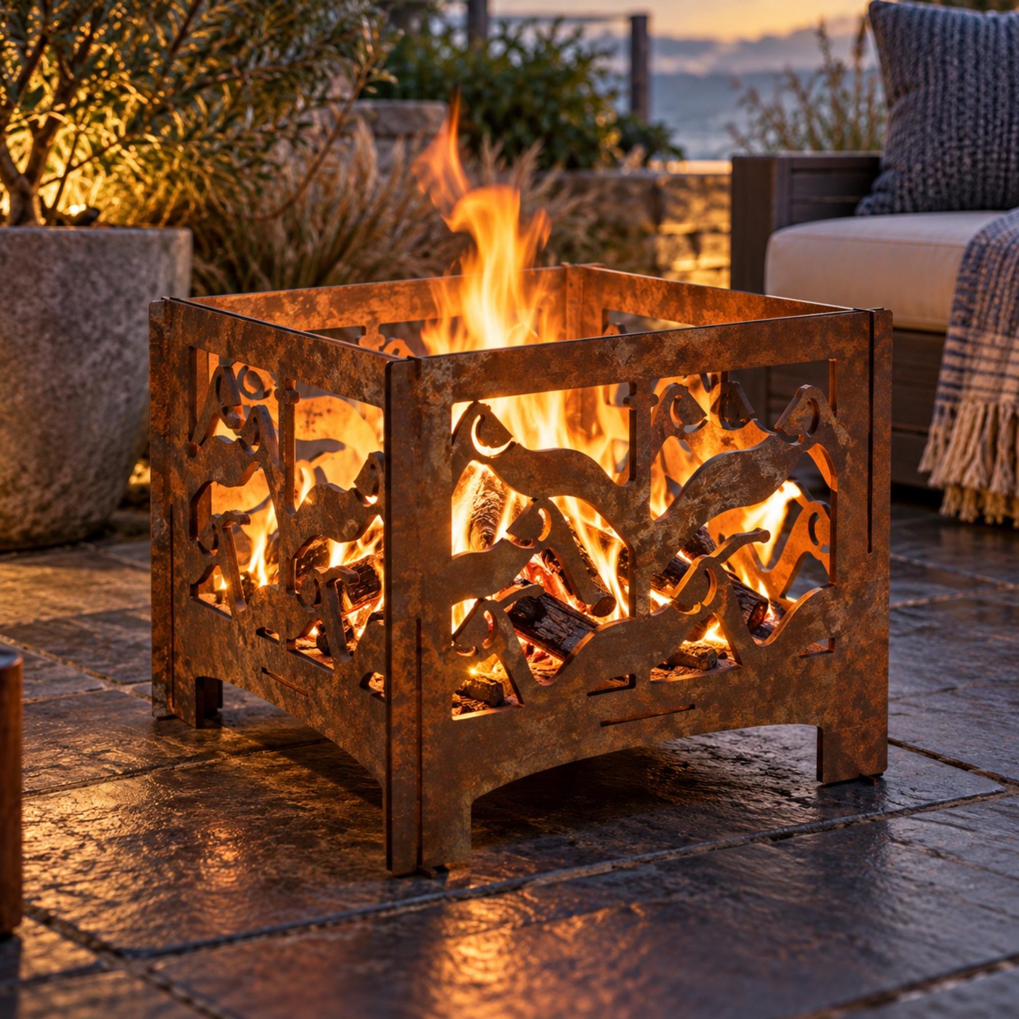 Tidewater Slot-Together Fire Pit in weathered raw steel, standing lit on dark stone paving on a sheltered garden terrace with outdoor cushions and blankets nearby