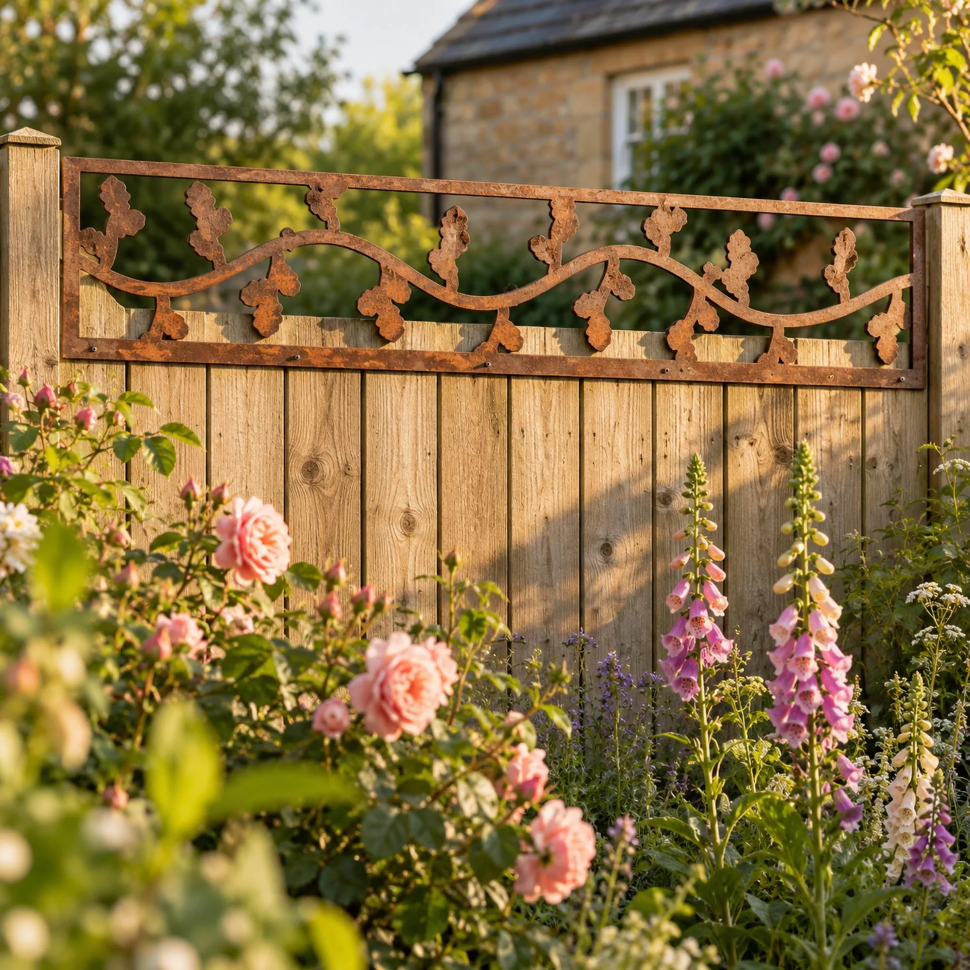 Hawthorn Fence Topper in weathered raw steel, fixed along the top of a 1.8 m close-board timber fence behind a cottage-garden border of foxgloves and roses