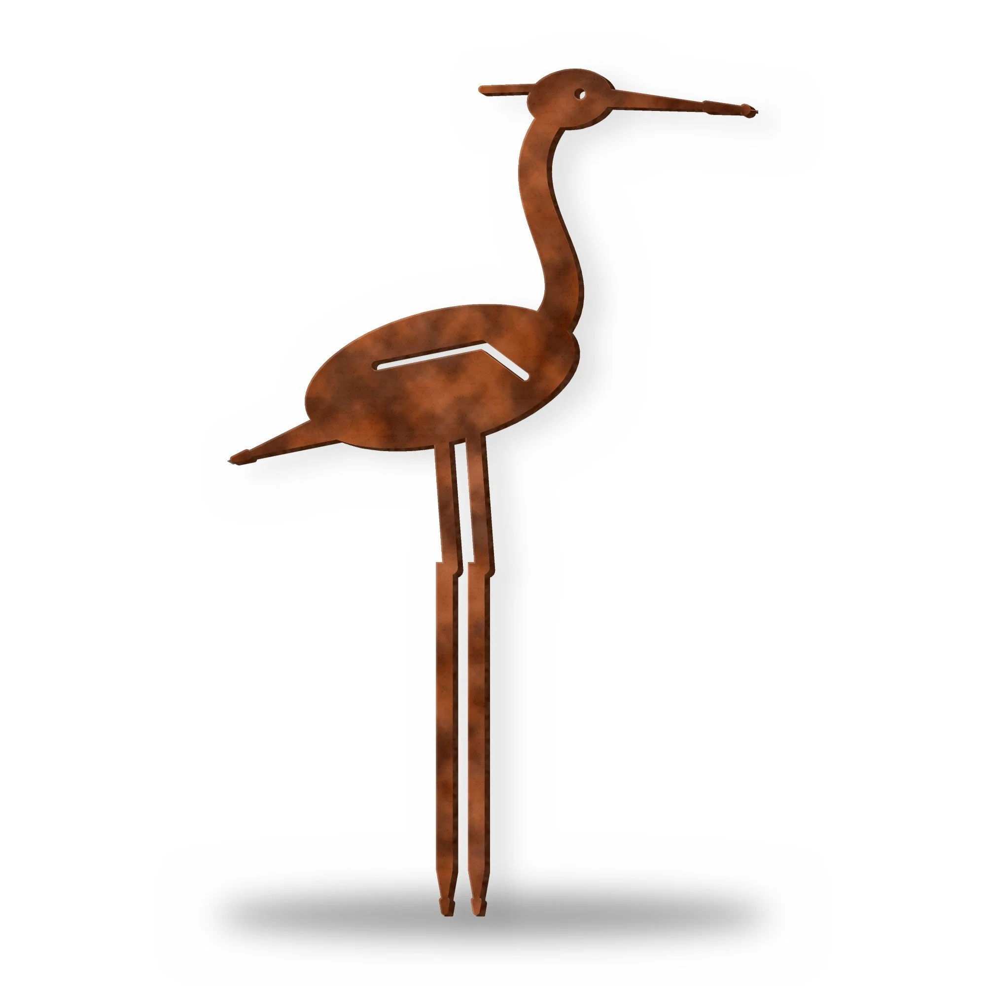 Heron Metal Garden Stake in rust patina – plasma-cut 3 mm steel, studio photo on white