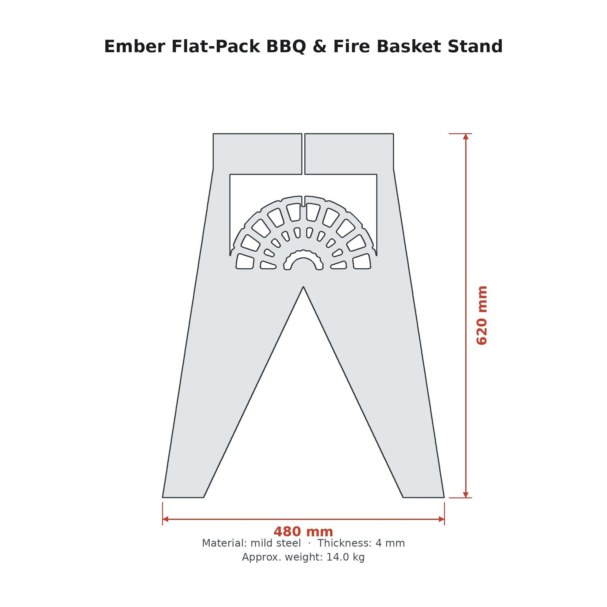 Dimension drawing of the Ember Flat-Pack BBQ & Fire Basket Stand with sizes in millimetres