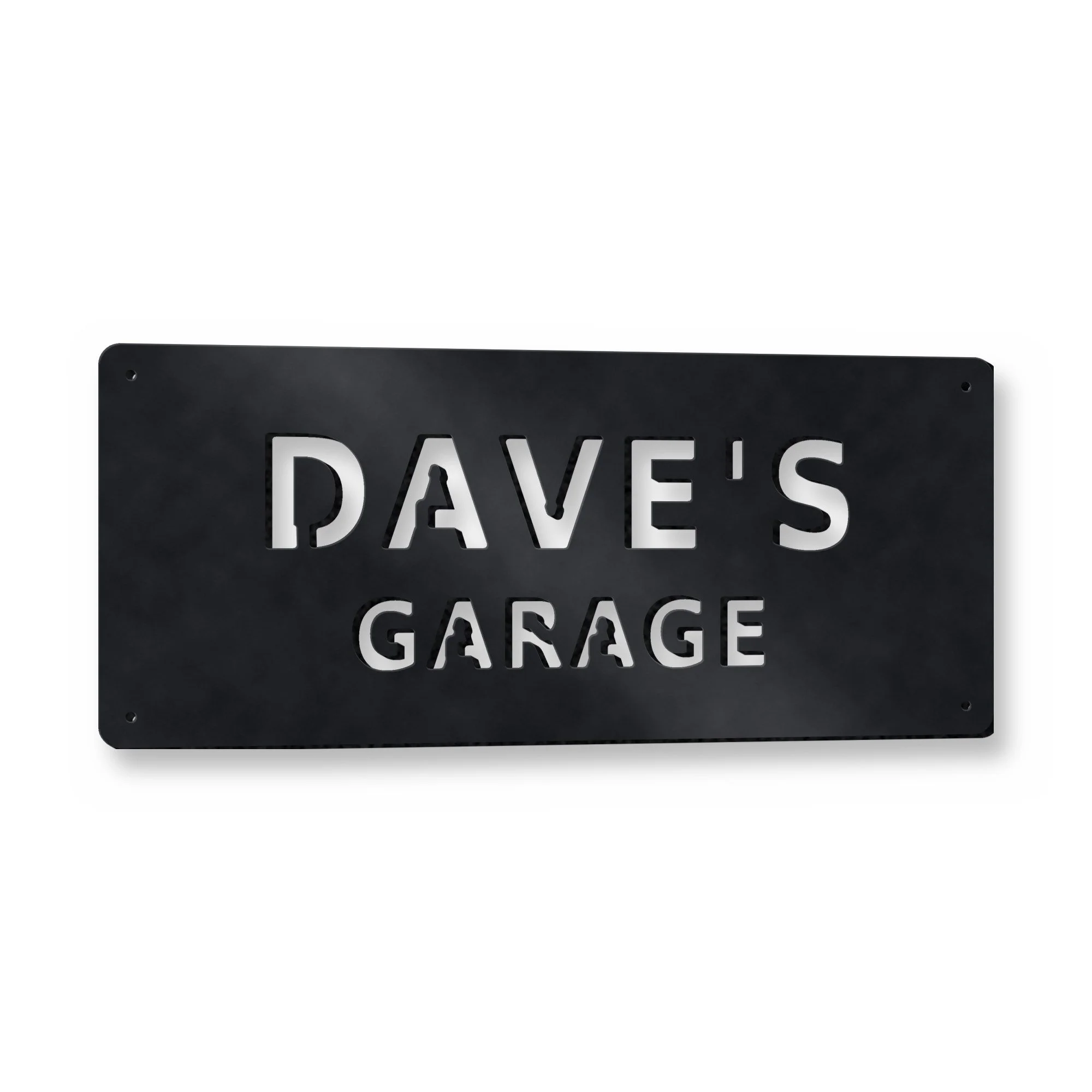 Personalised Garage Sign in satin black – plasma-cut 3 mm steel, studio photo on white