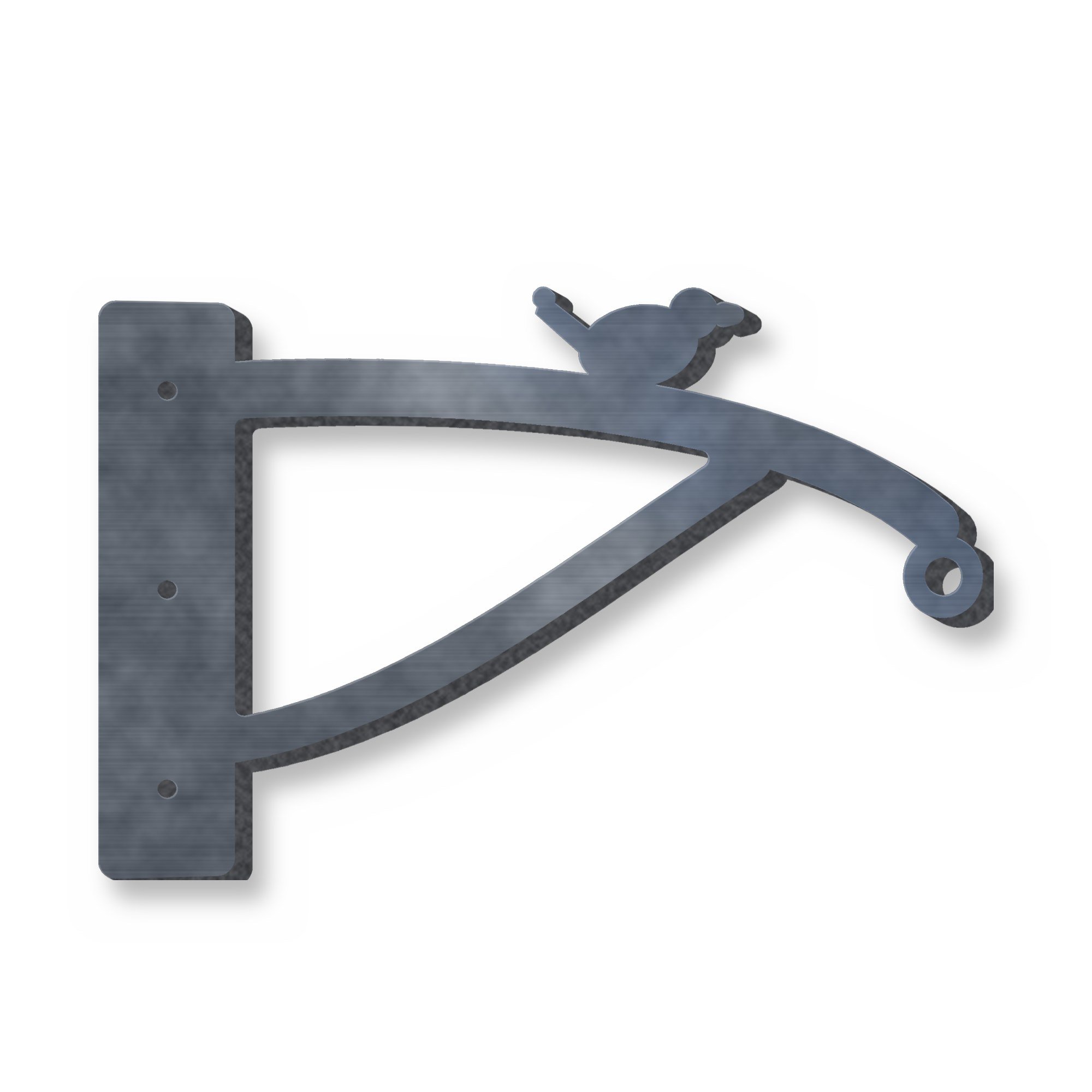 Wren Bird Feeder Hanging Bracket in raw mild steel – plasma-cut 5 mm steel, studio photo on white