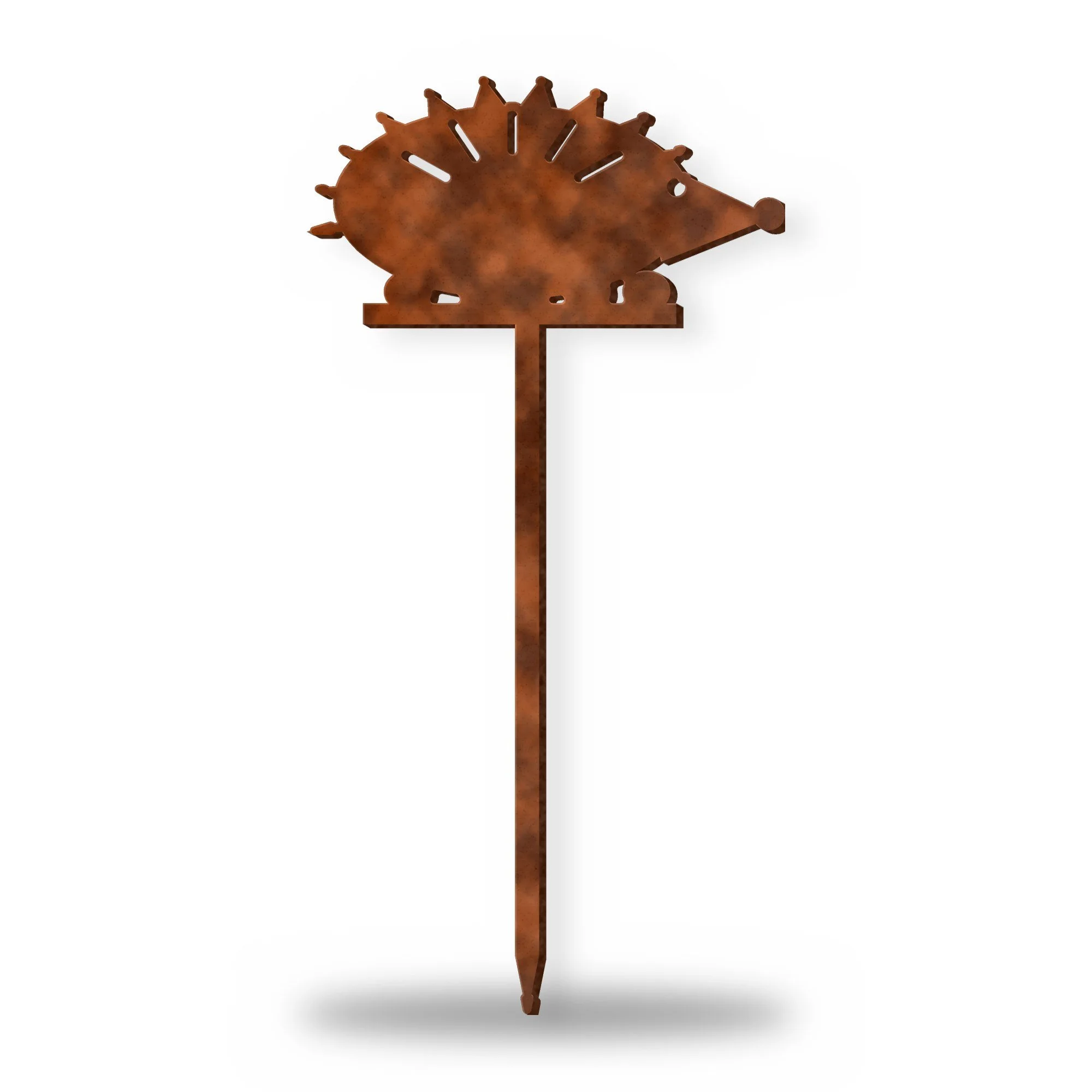 Hedgehog Metal Garden Stake in rust patina – plasma-cut 3 mm steel, studio photo on white