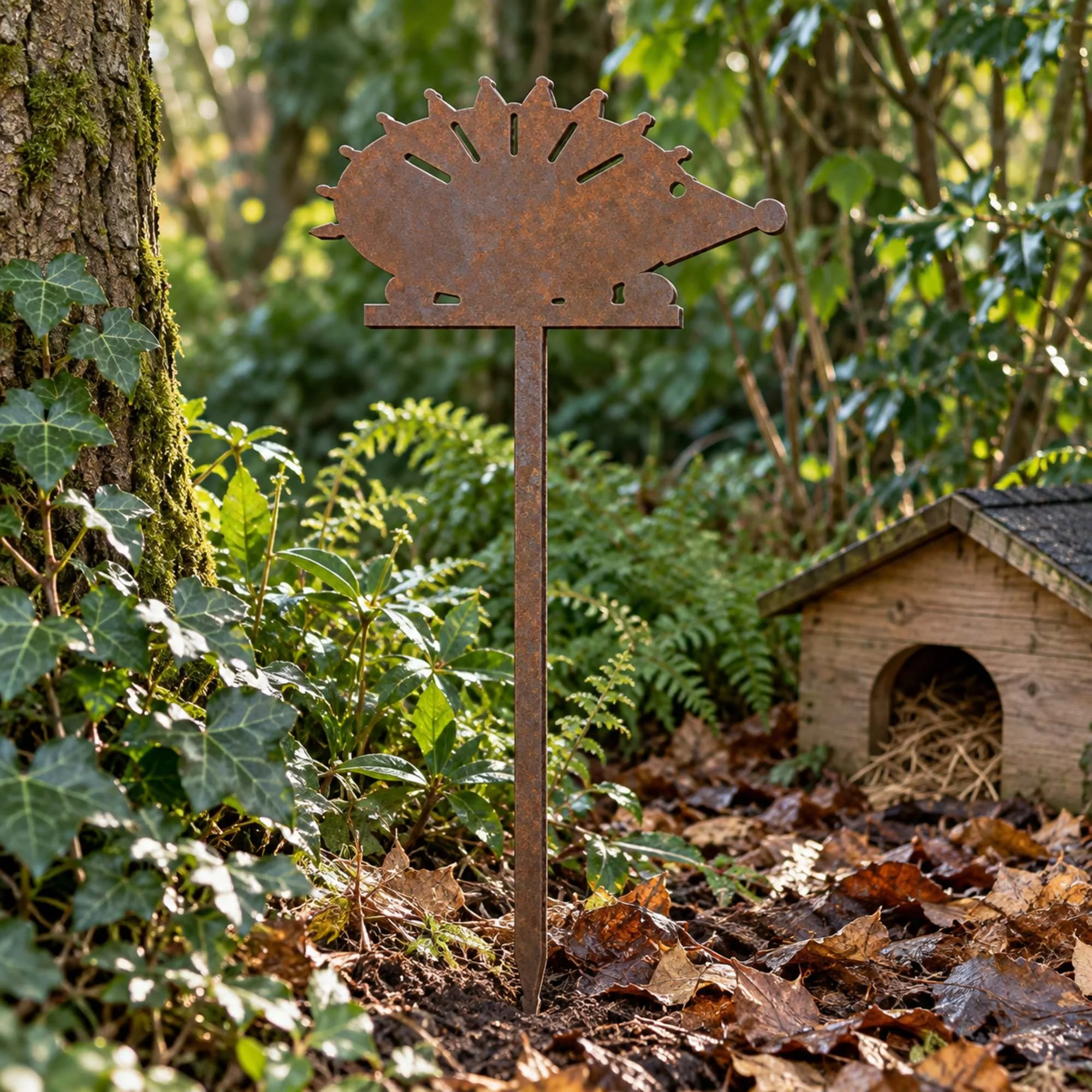 Hedgehog Metal Garden Stake in weathered raw steel, a 630 mm tall steel hedgehog stake at the front of a shady woodland border