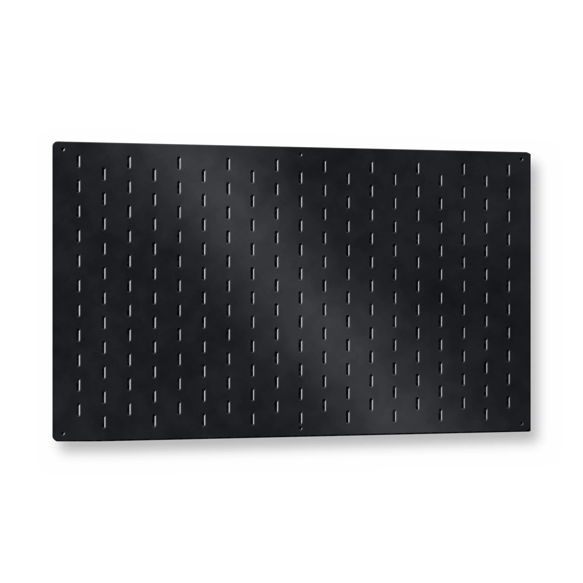 Steel Tool Wall Pegboard Panel in satin black – plasma-cut 3 mm steel, studio photo on white
