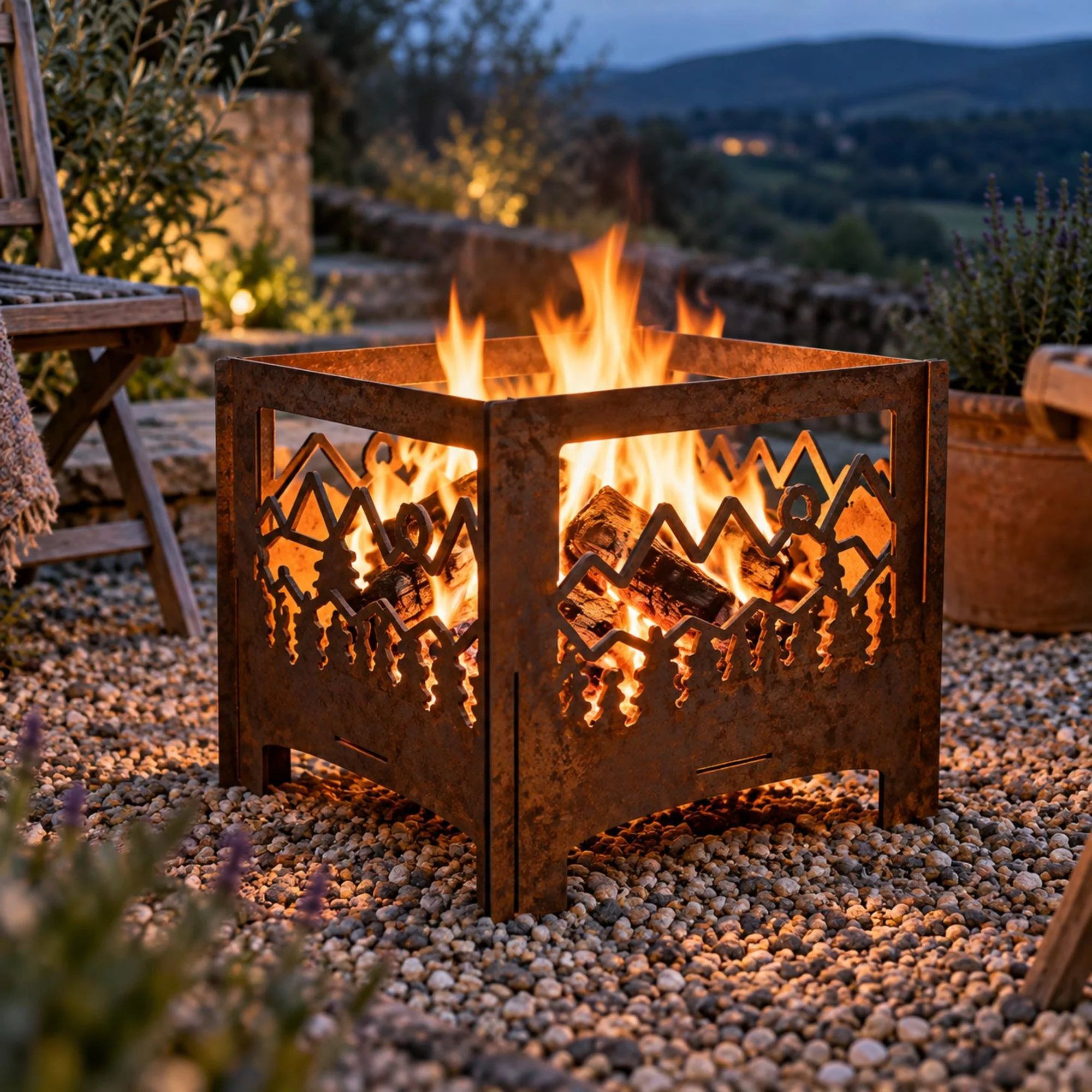Fellside Slot-Together Fire Pit in weathered raw steel, standing lit on a gravel patio at the bottom of a back garden with two folding chairs nearby
