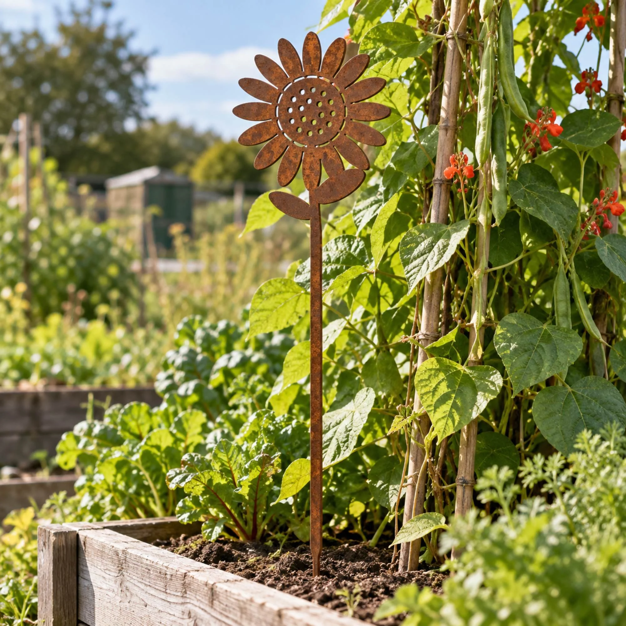 Sunflower Metal Garden Stake in weathered raw steel, a 985 mm tall steel sunflower stake in a timber raised bed on an allotment beside runner bean canes, bright late-summer light