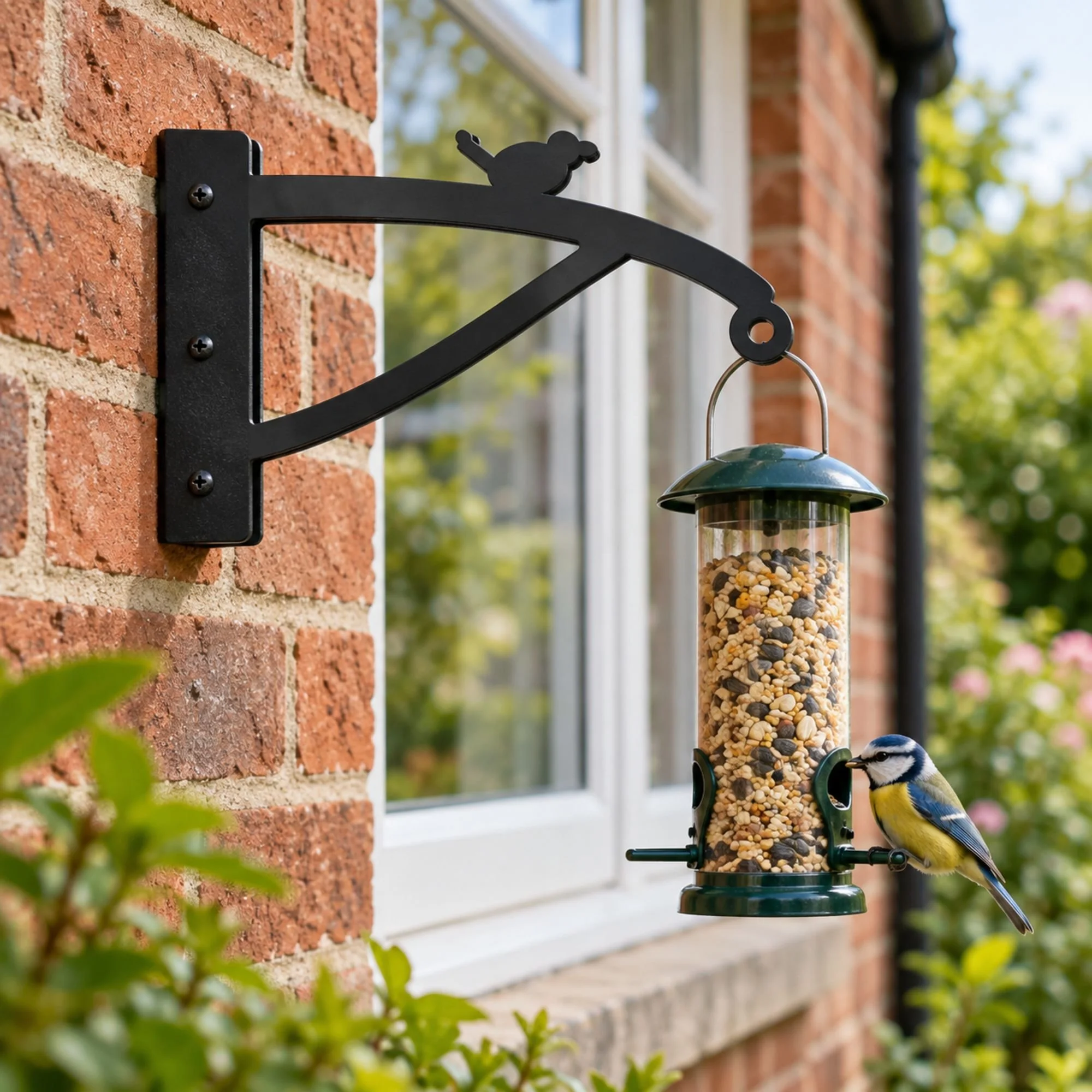 Wren Bird Feeder Hanging Bracket in satin black, a 420 mm steel bracket fixed to a red brick wall beside a kitchen window, a seed feeder hanging from it with a blue tit feeding