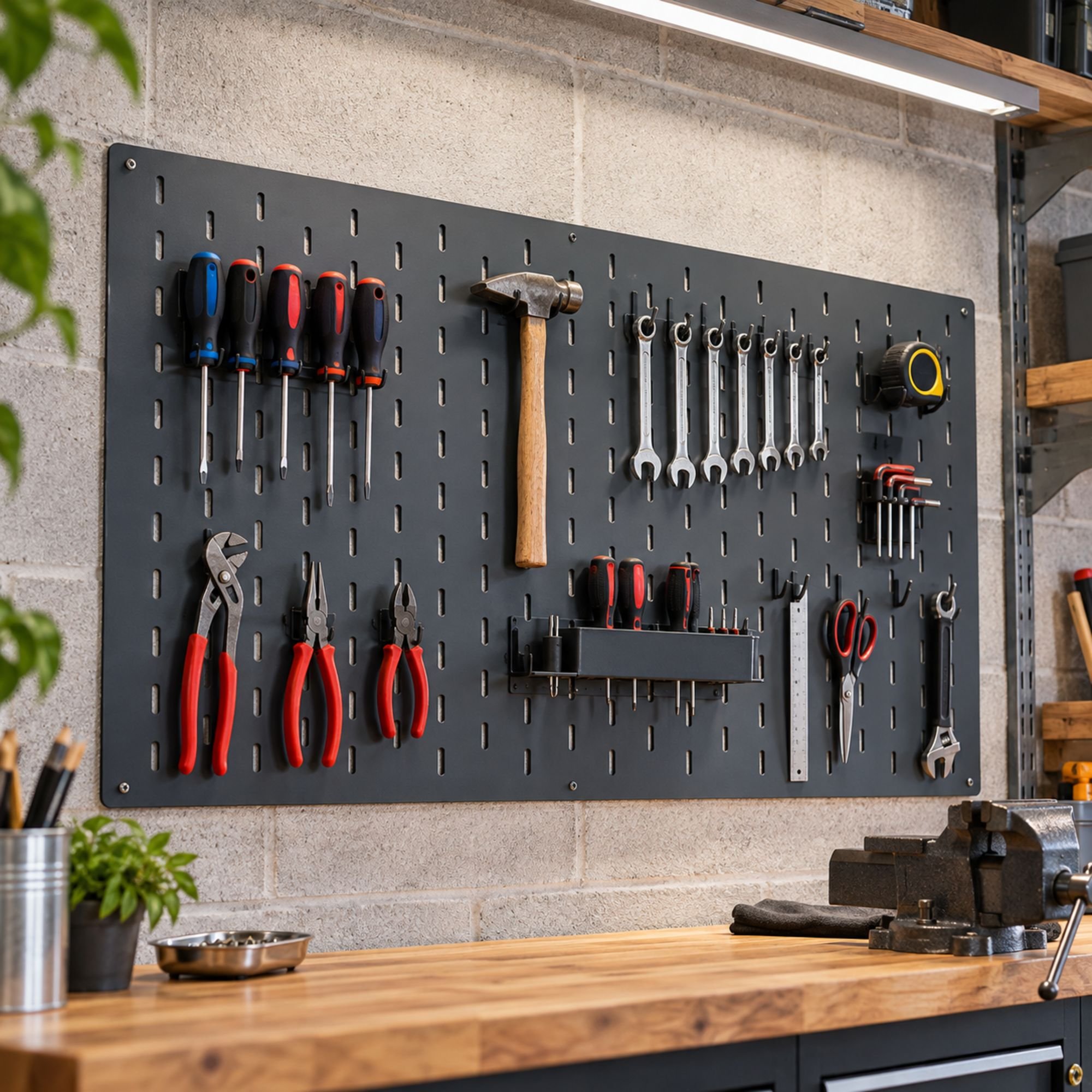 Steel Tool Wall Pegboard Panel in anthracite grey, fixed above a timber workbench on a block wall in a tidy UK home garage with hand tools hanging from hooks