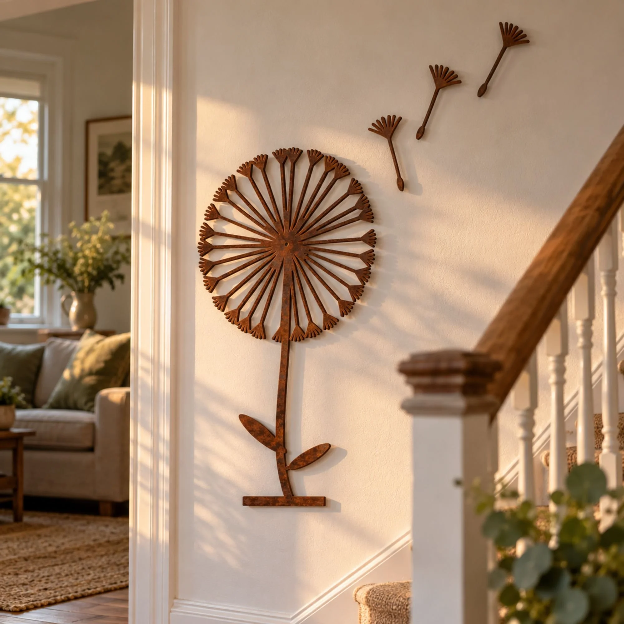Dandelion Clock Metal Wall Art in weathered raw steel, fixed to a pale painted wall beside a staircase in a UK terraced house