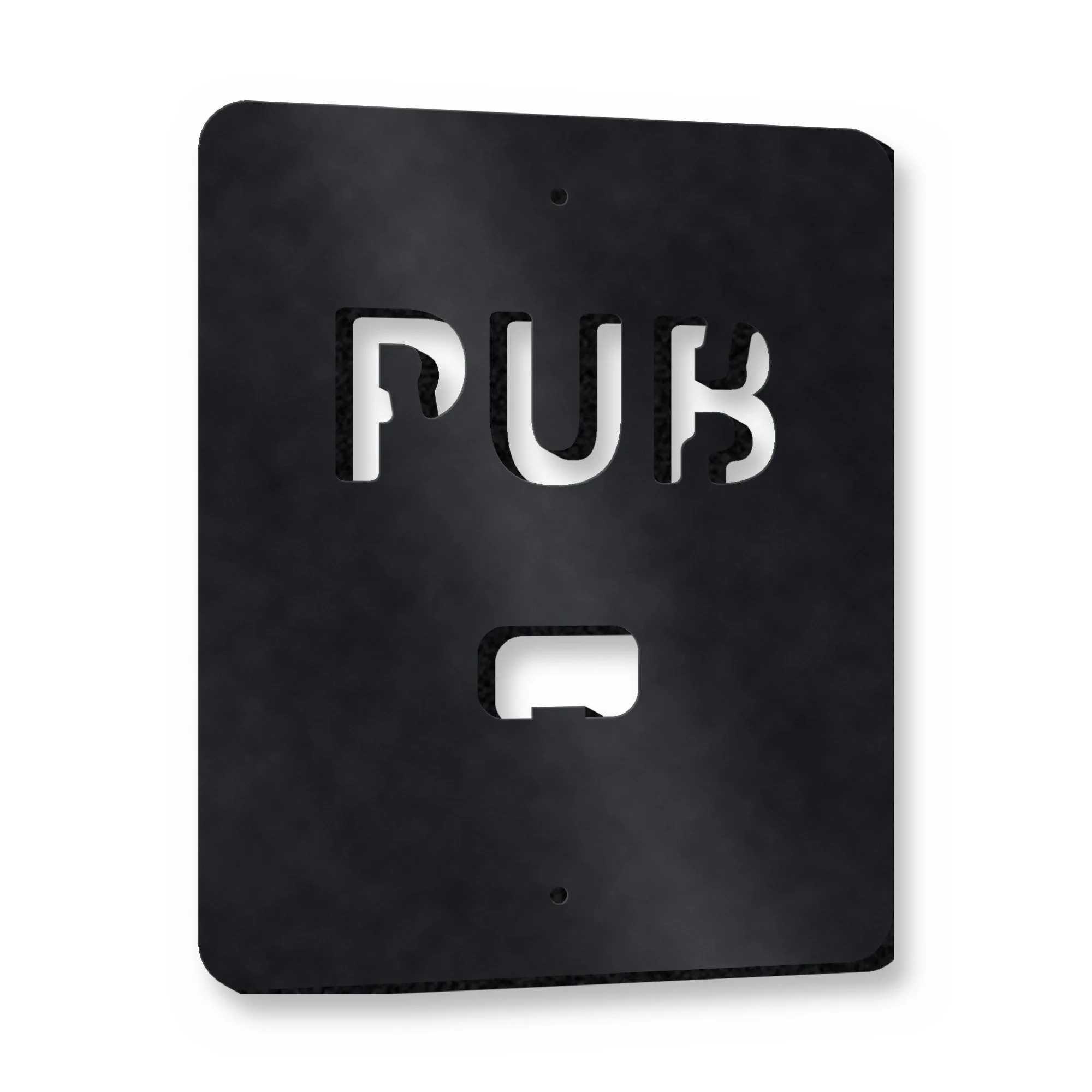 Personalised Bottle Opener Wall Plaque in satin black – plasma-cut 4 mm steel, studio photo on white