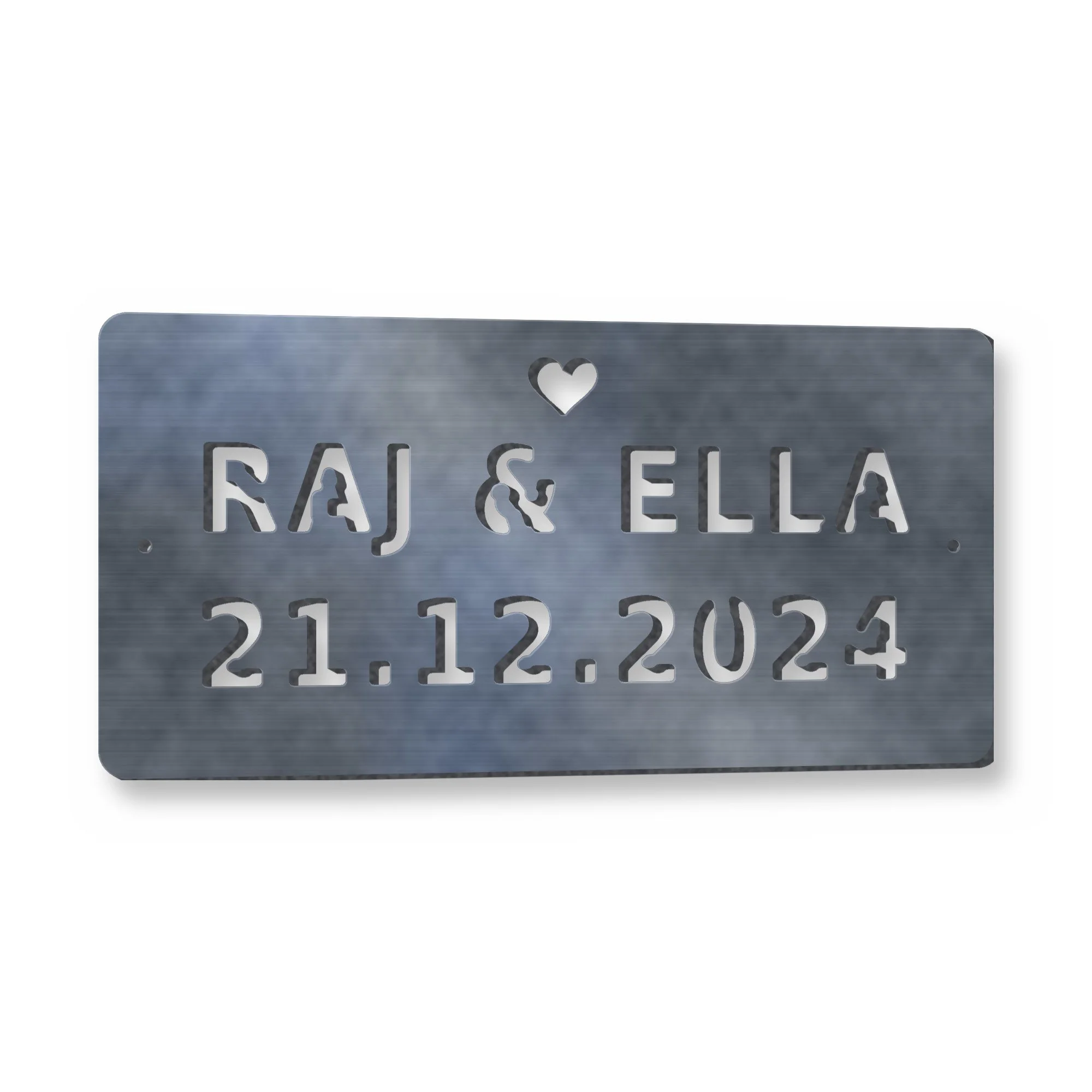Example of the Personalised Wedding Date Plaque reading RAJ & ELLA / 21.12.2024