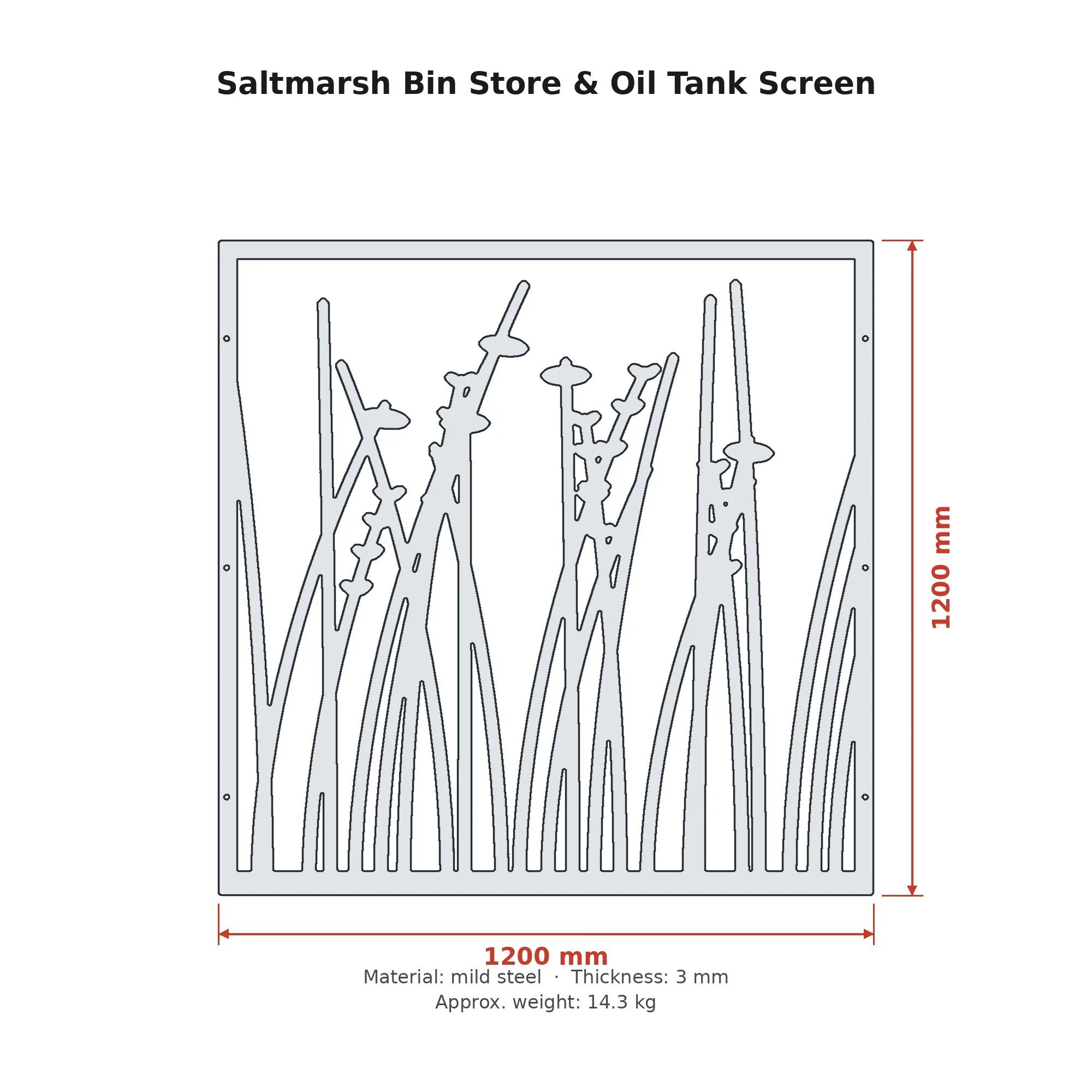 Dimension drawing of the Saltmarsh Bin Store & Oil Tank Screen with sizes in millimetres