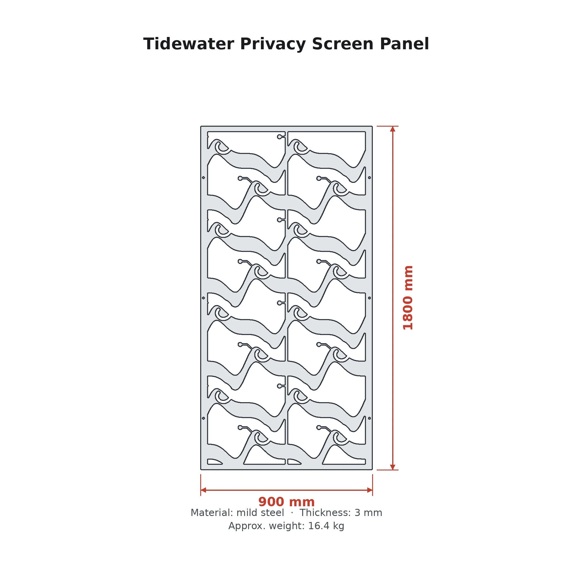 Dimension drawing of the Tidewater Privacy Screen Panel with sizes in millimetres