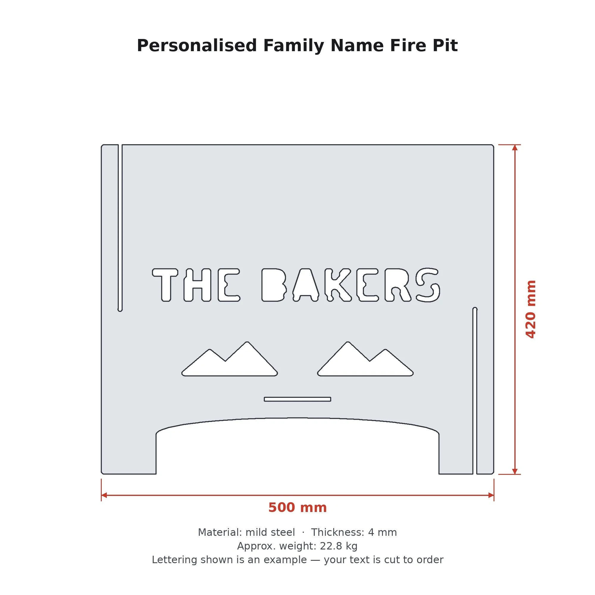 Dimension drawing of the Personalised Family Name Fire Pit with sizes in millimetres