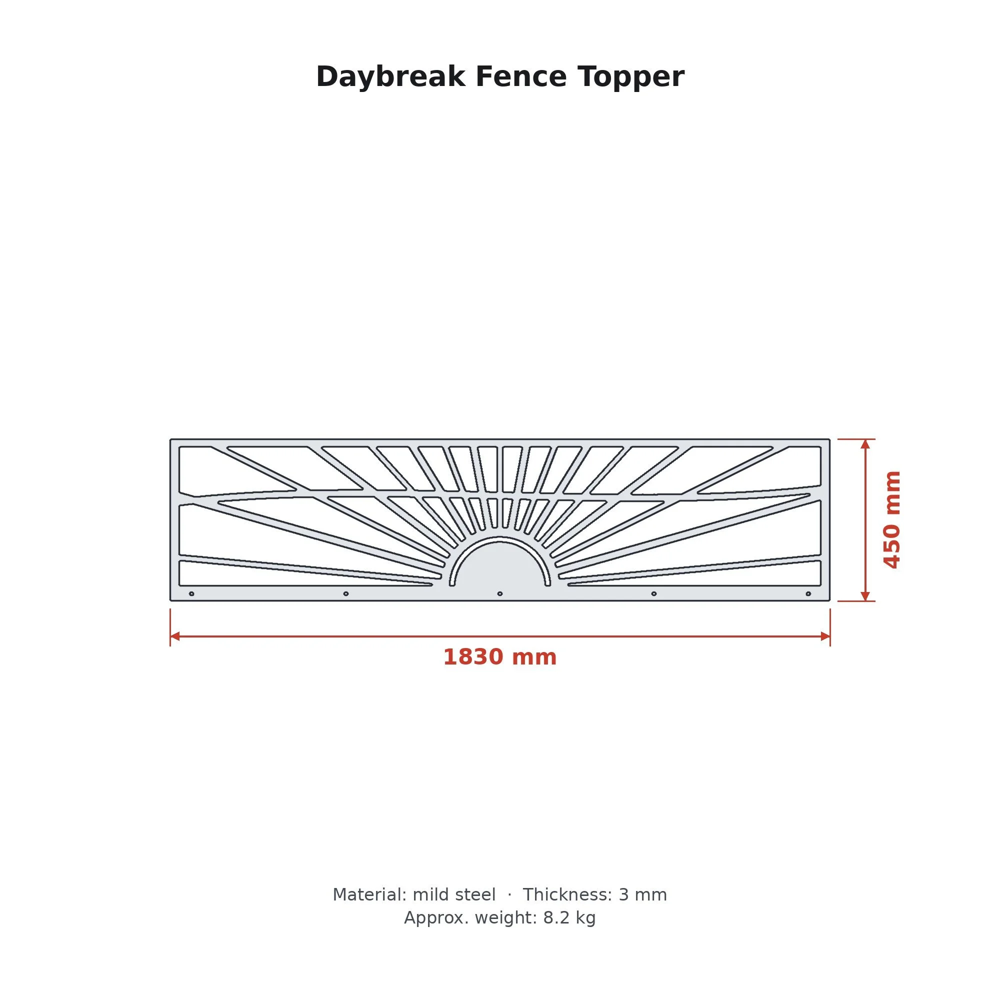 Dimension drawing of the Daybreak Fence Topper with sizes in millimetres