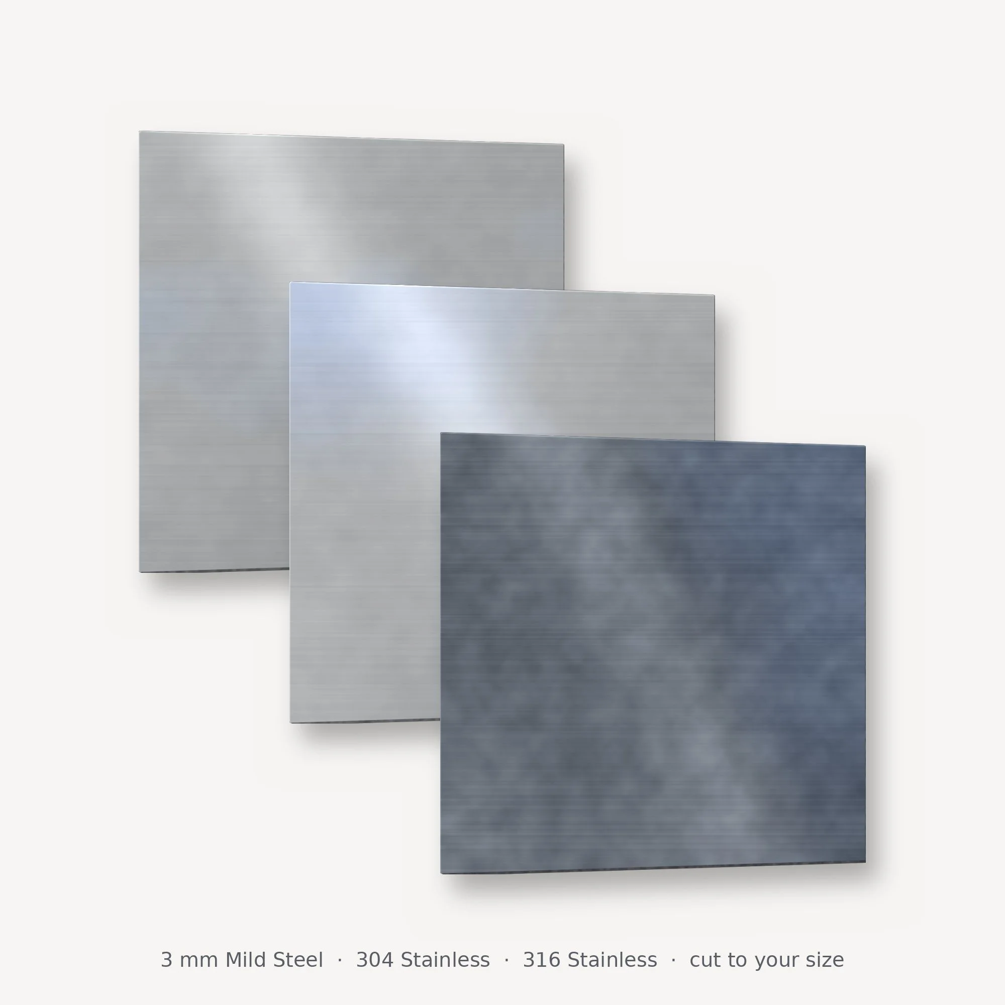 Square 3 mm mild steel, 304 and 316 stainless steel plates cut to size